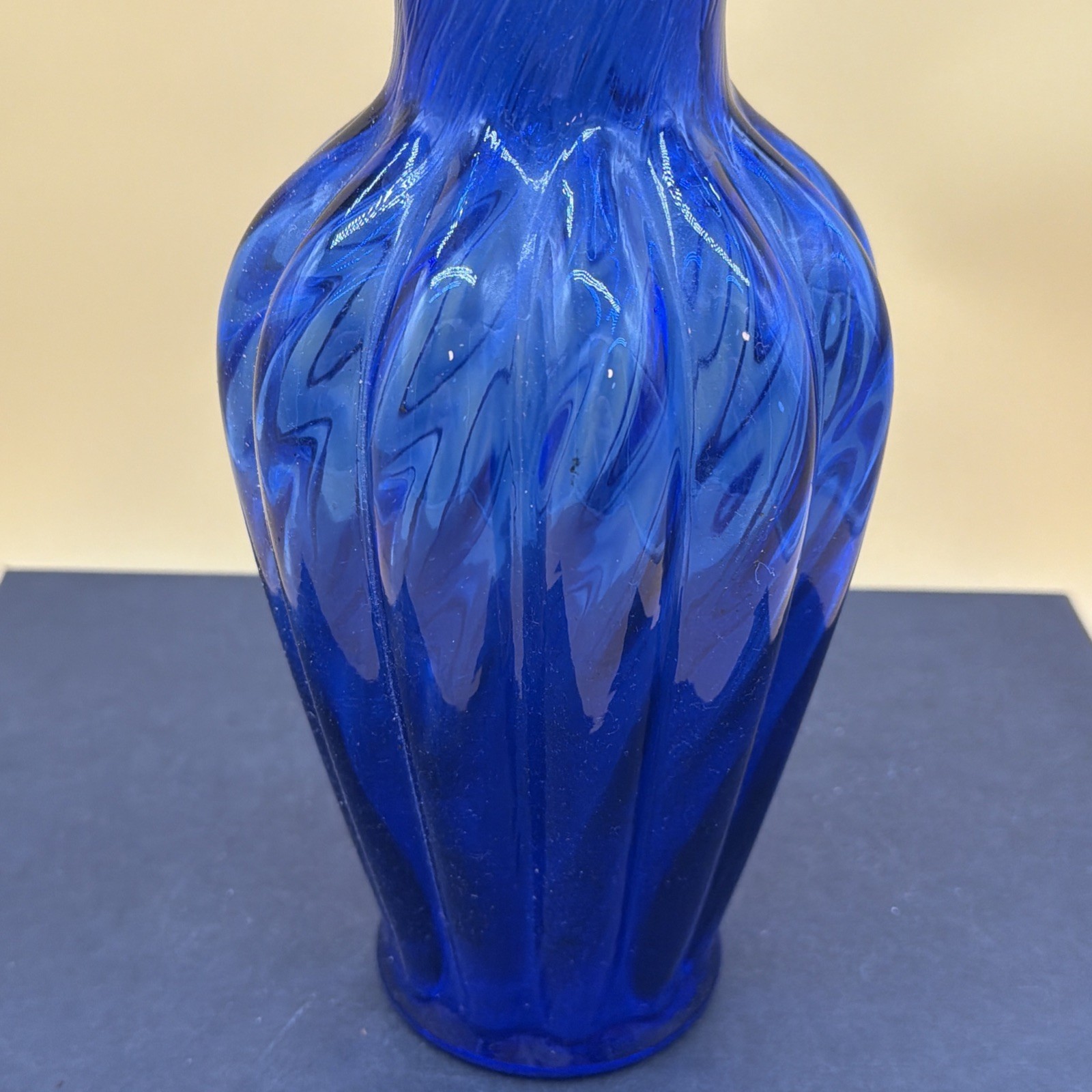 Vintage Fenton Cobalt Ribbed 3 Crimp Vase RARE 11” Tall