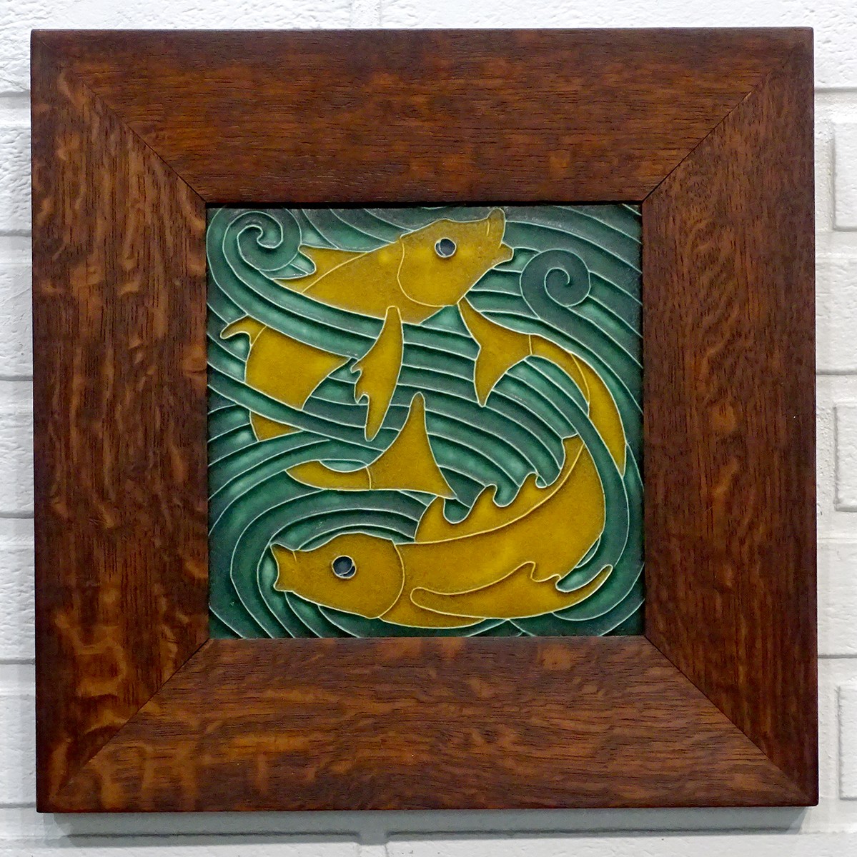 STUNNING! MOTAWI TILEWORKS Nouveau ARTS CRAFTS Framed STYLIZED FISH Pottery Tile