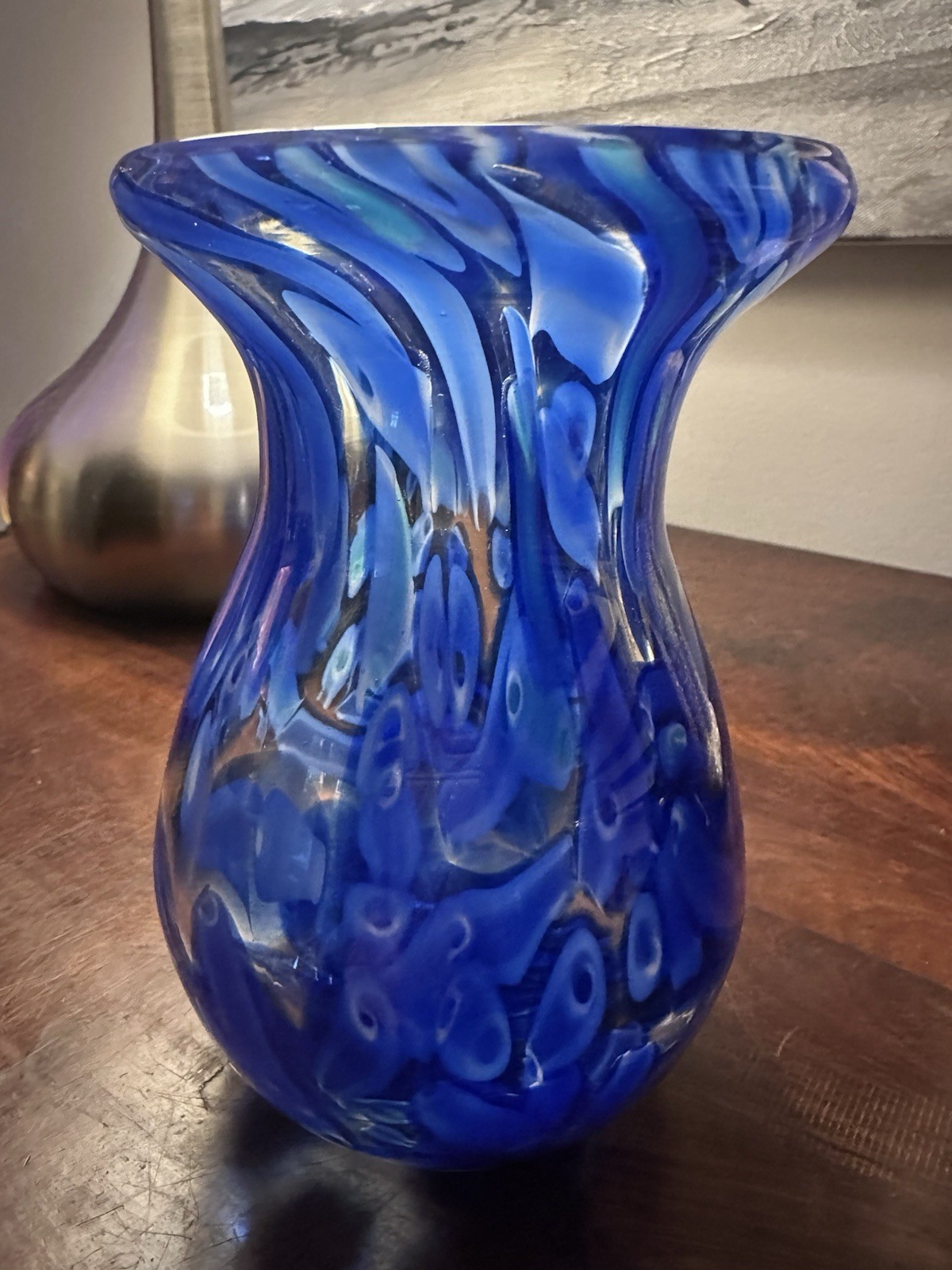 Vintage Hand Blown Cobalt Blue Art Glass Vase Murano Style Swirl Studio Glass