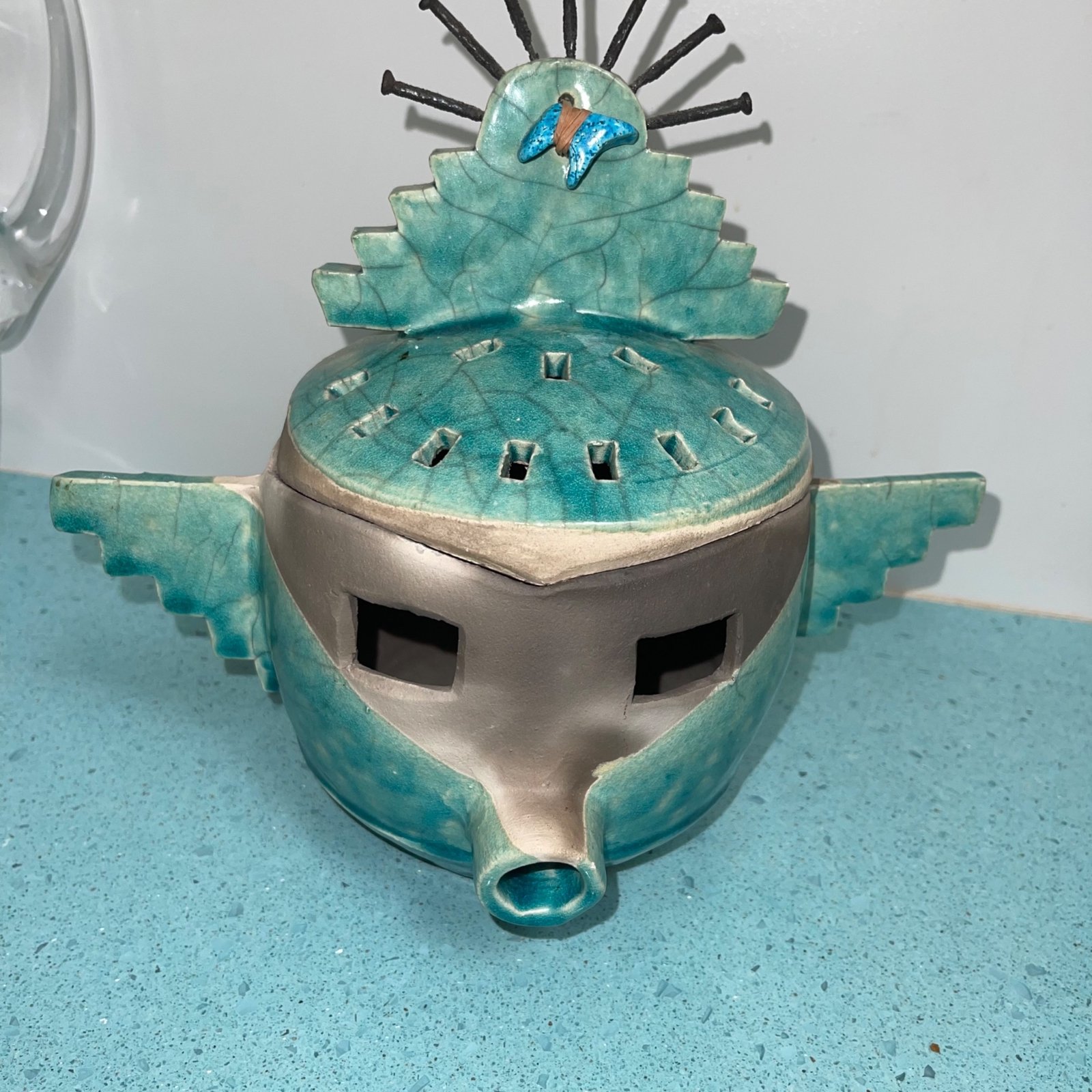 Barbara Heard Ceramic Lantern Bird Head Signed Pottery Blue Gray Handmade Candle