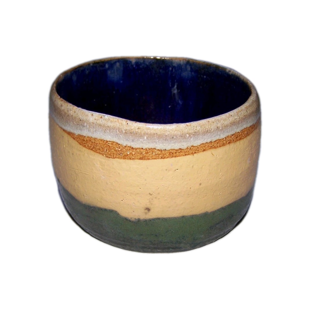 OOAK Clay Pottery Vase Beige, Tan, Green & Blue 4.25 x 4.5 in. W x 3.25 in. D