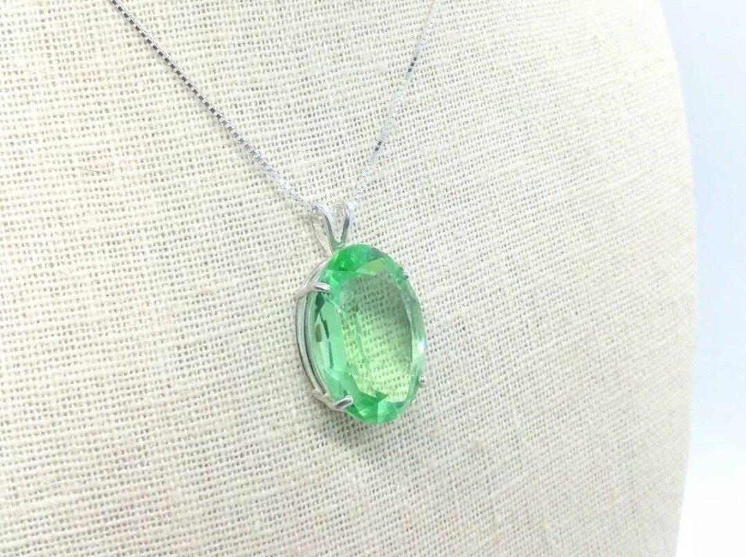 Large Sterling Uranium Glass Necklace Green Pendant Green 925 Silver