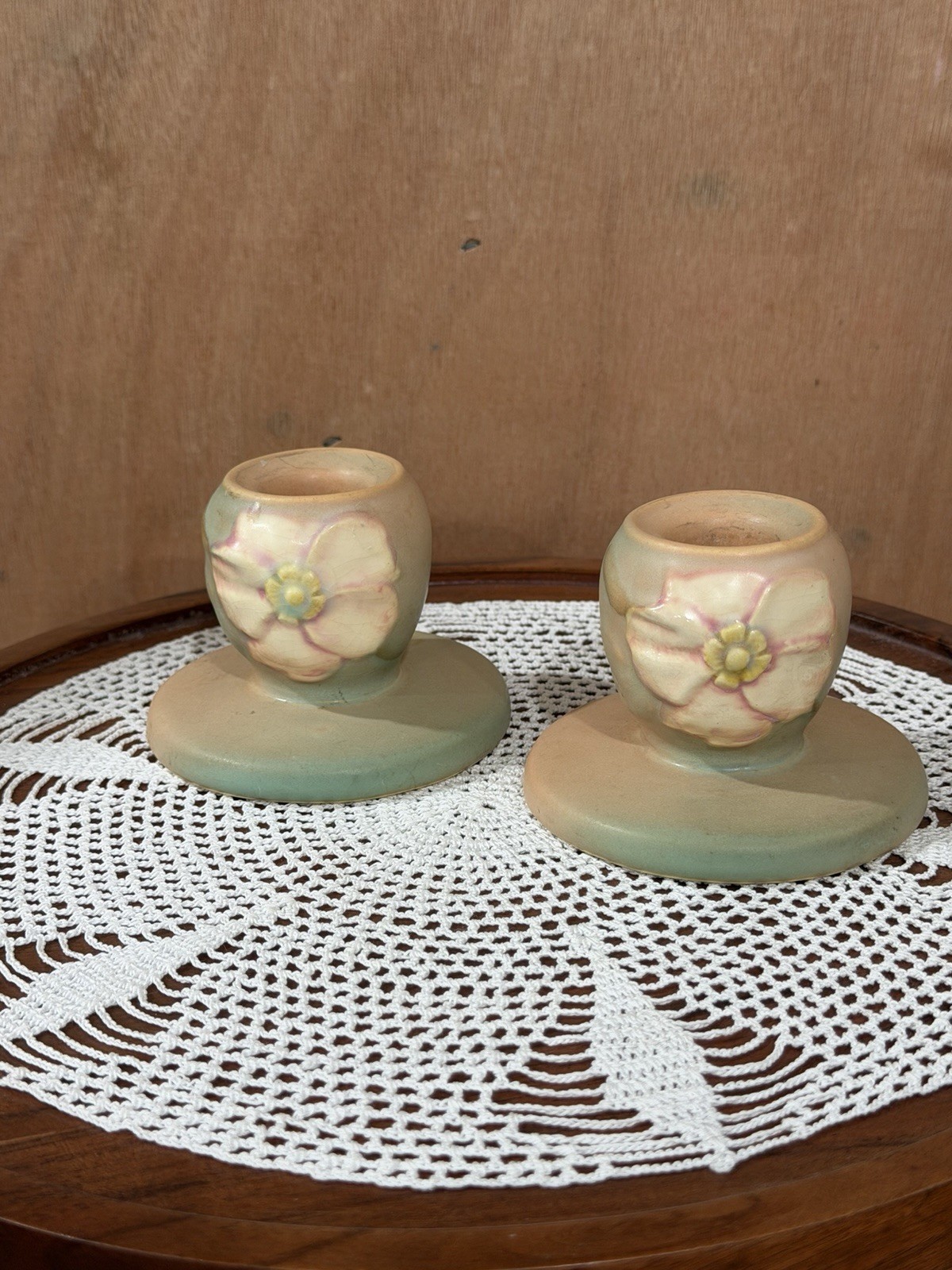Weller Pottery Pair Wild Rose Candlestick Holders Mint