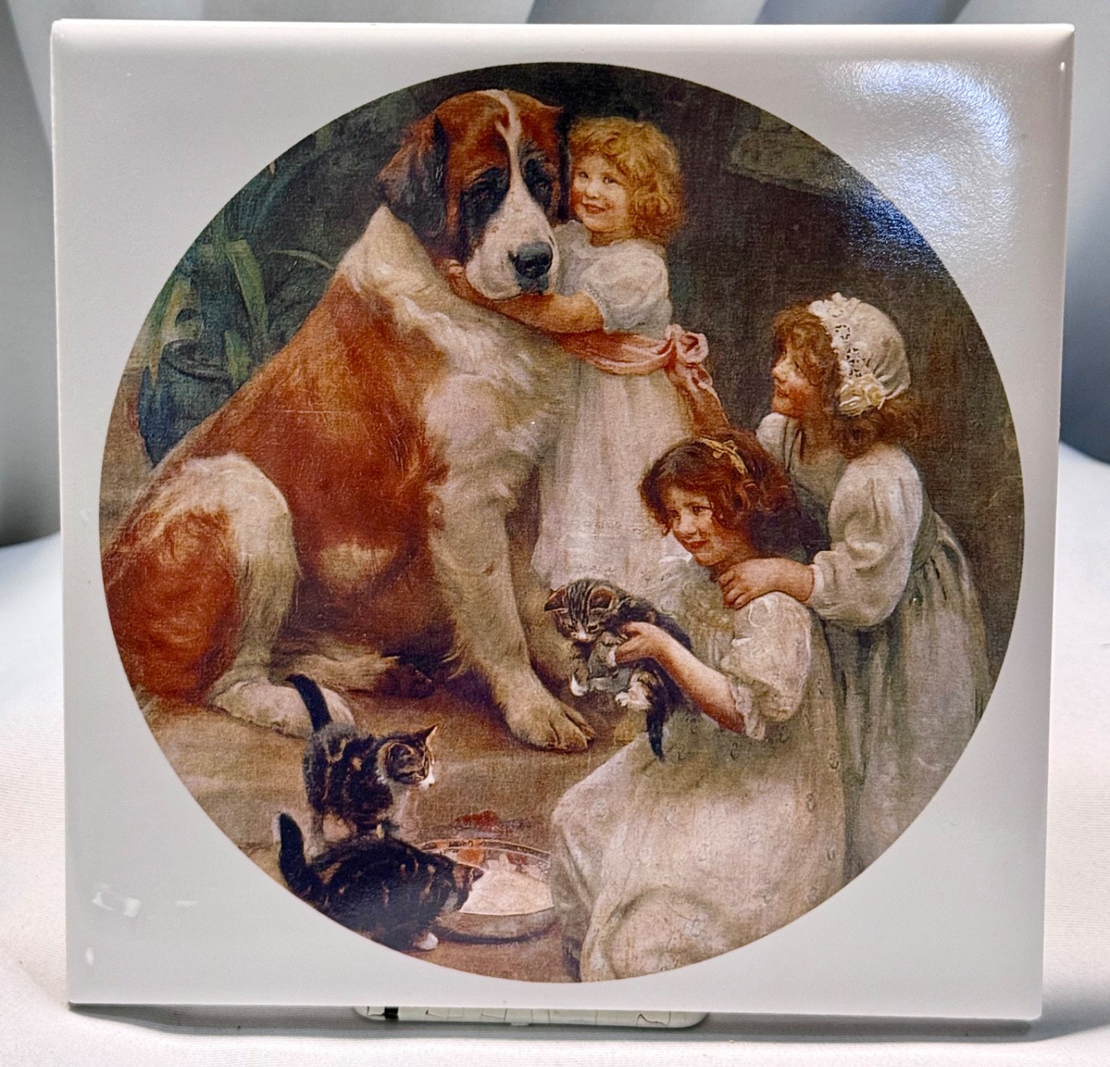 Unique Vintage Tile With Children, Saint Bernard Pet Dog And Pet Kittens “8×8”
