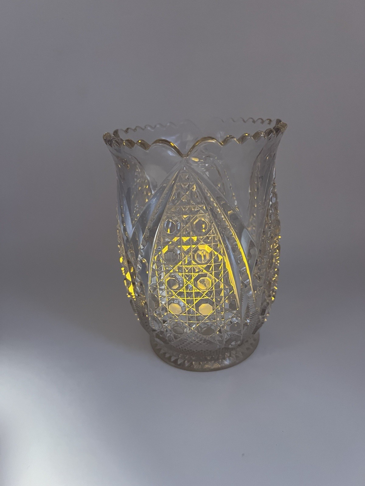 Vintage Cut Glass Crystal Hurricane Candle Holder Vase Scalloped Rim