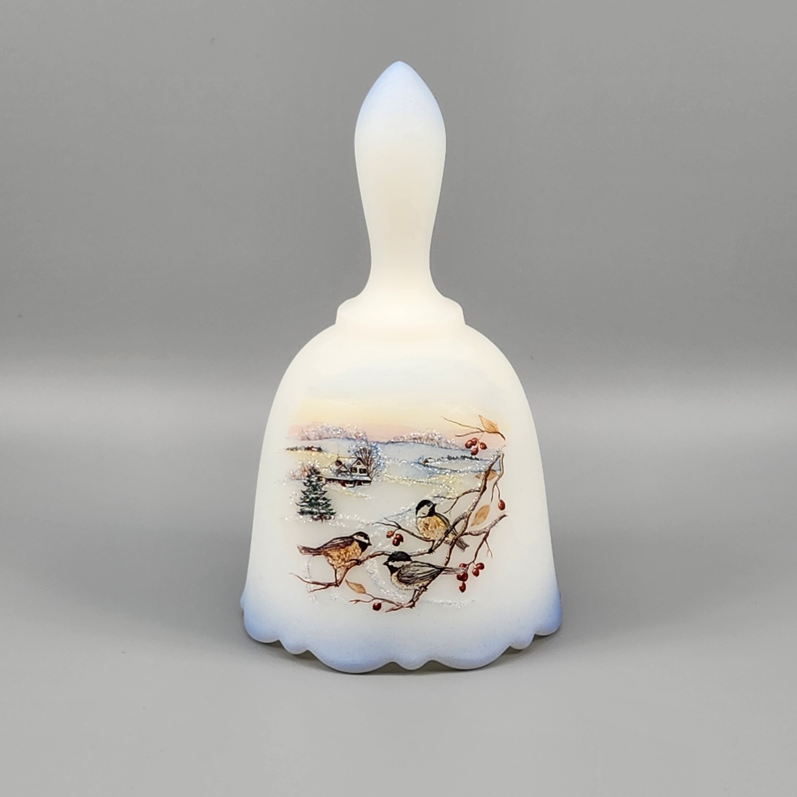 Fenton Satin Glass Bell Birds in Winter Second Edition Chickadee Ballet Signed