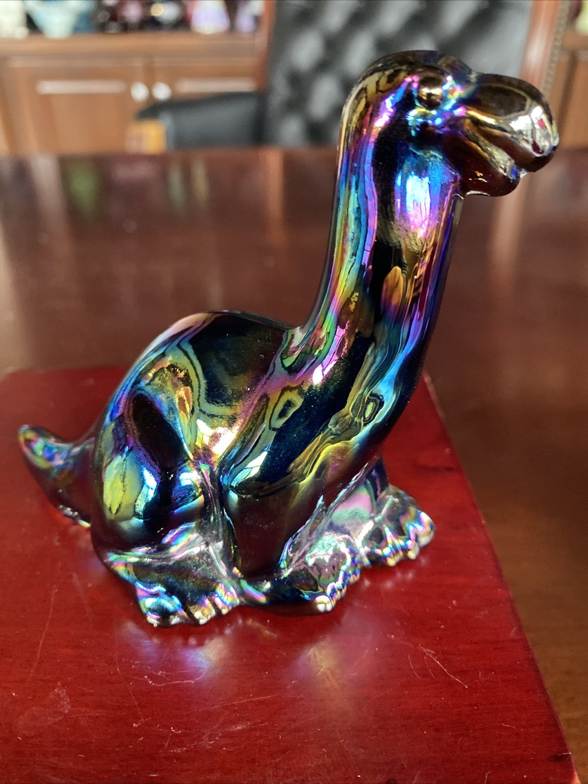 Wonderful Fenton Smoked Carnival Glass Dinosaur/Brontosaurus 3.5”. Ex Condition