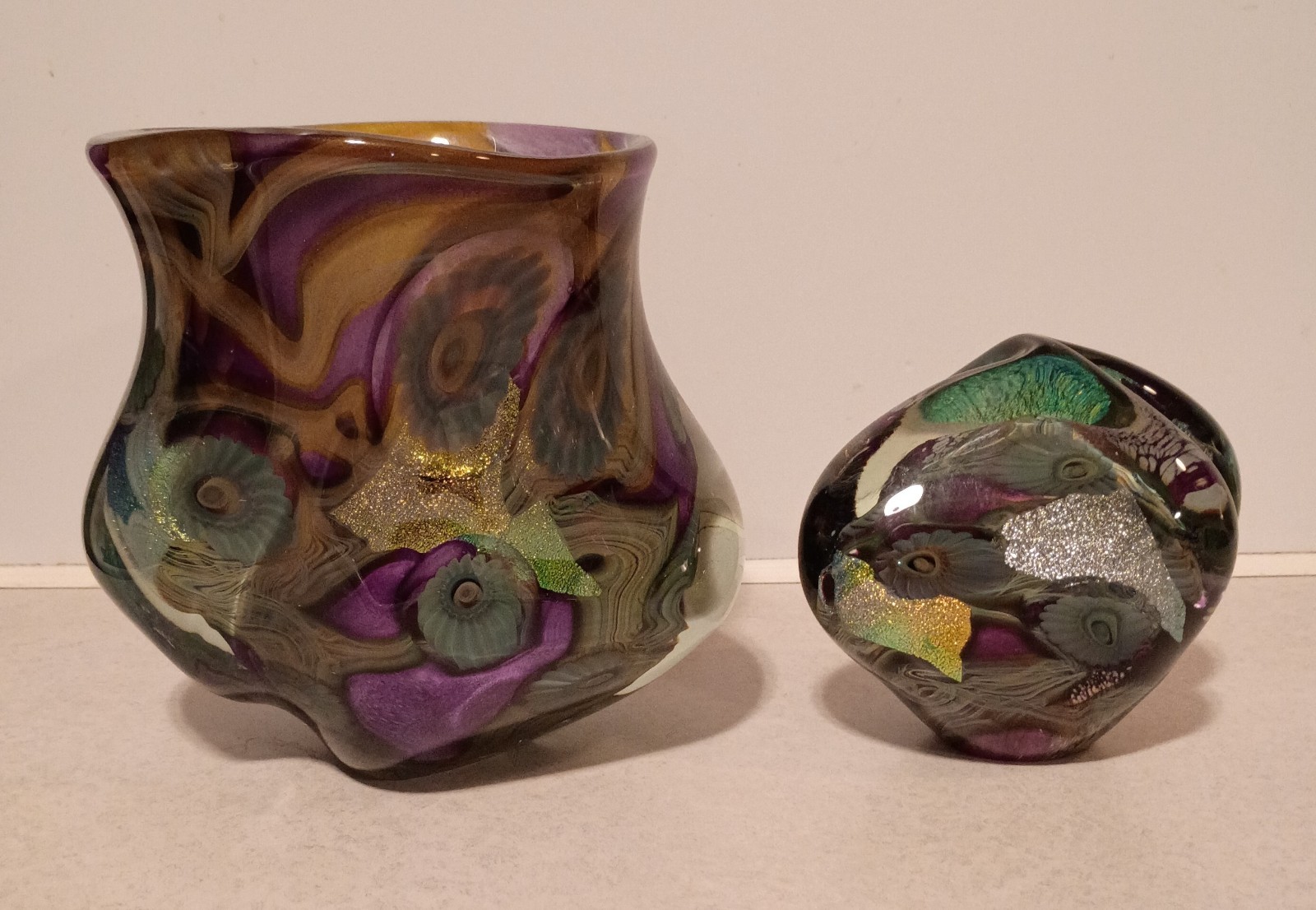 2004 Signed Eickholt Dichroic Purple Art Glass Free Form Paperweight & Vase