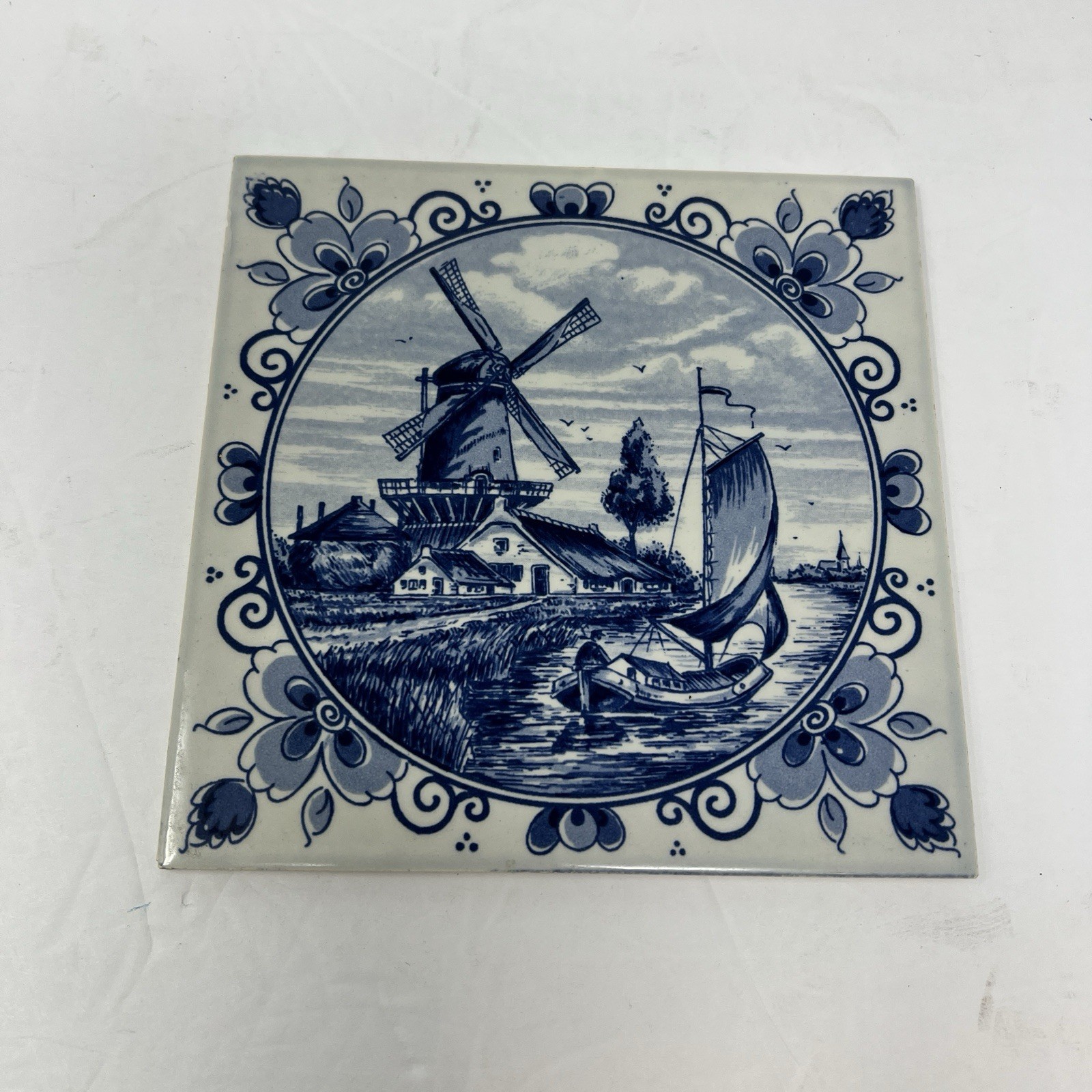 Delft Blue Hand Painted Pottery Tile Holland Wall Hanging Trivet Dutch Windmill