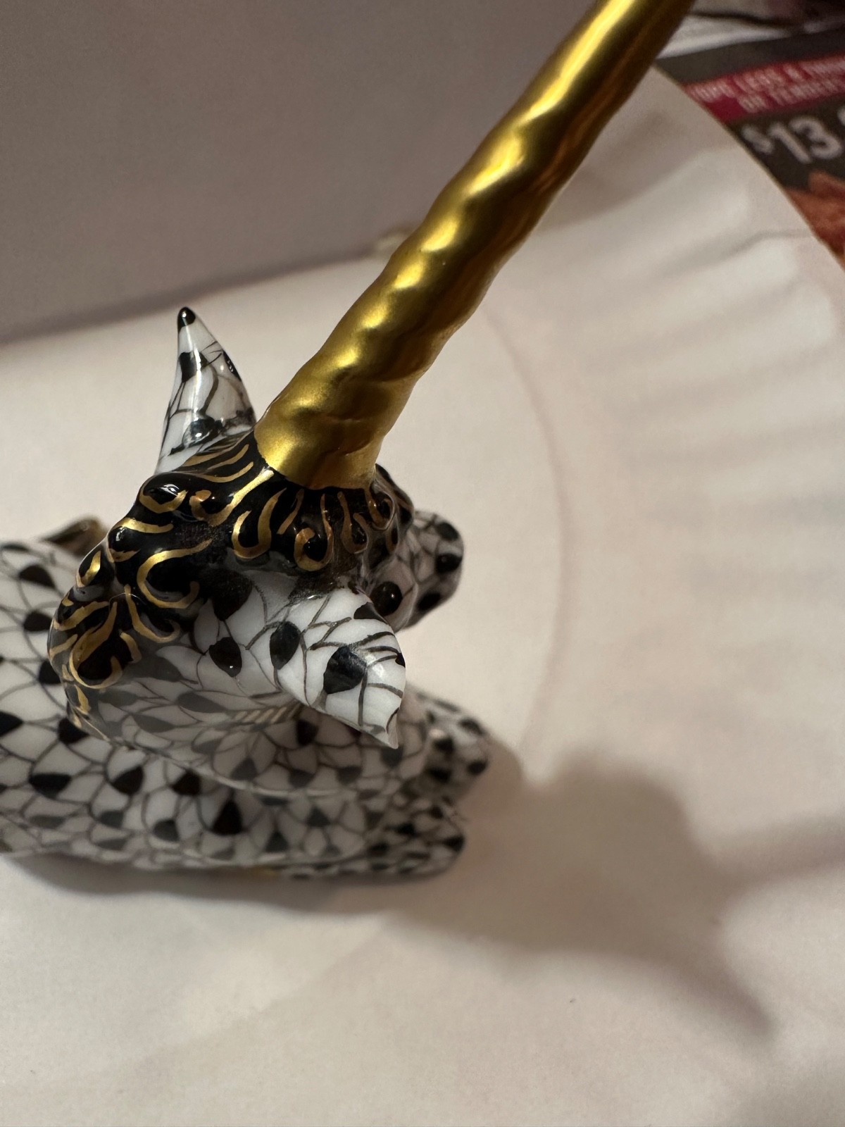 Herend Hungary Porcelain Fishnet Unicorn Figurine ~rare-Black & Gold chipped ear