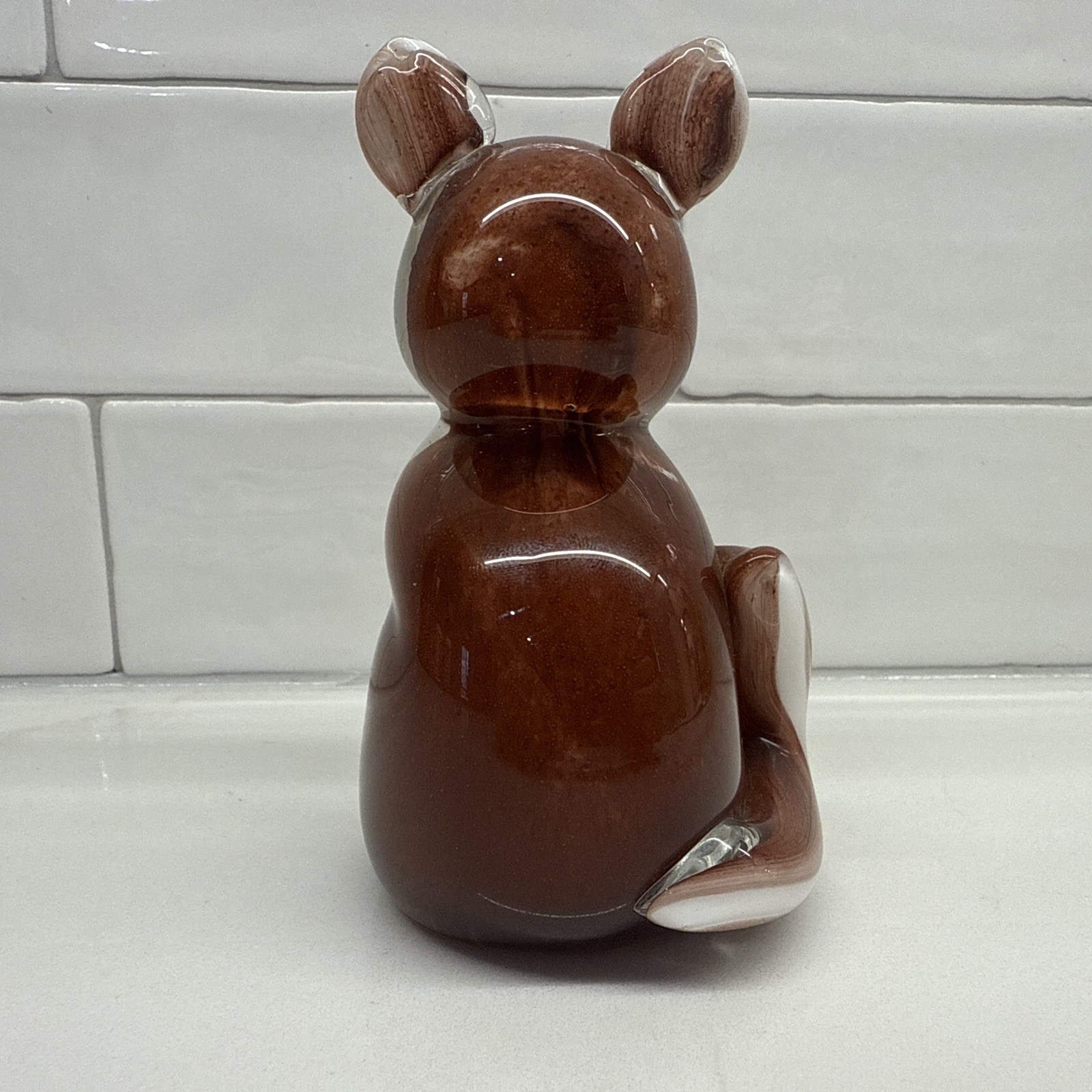 Hand Blown Art Glass Fox Figurine 4.75in Brown White Cute Woodland Decor