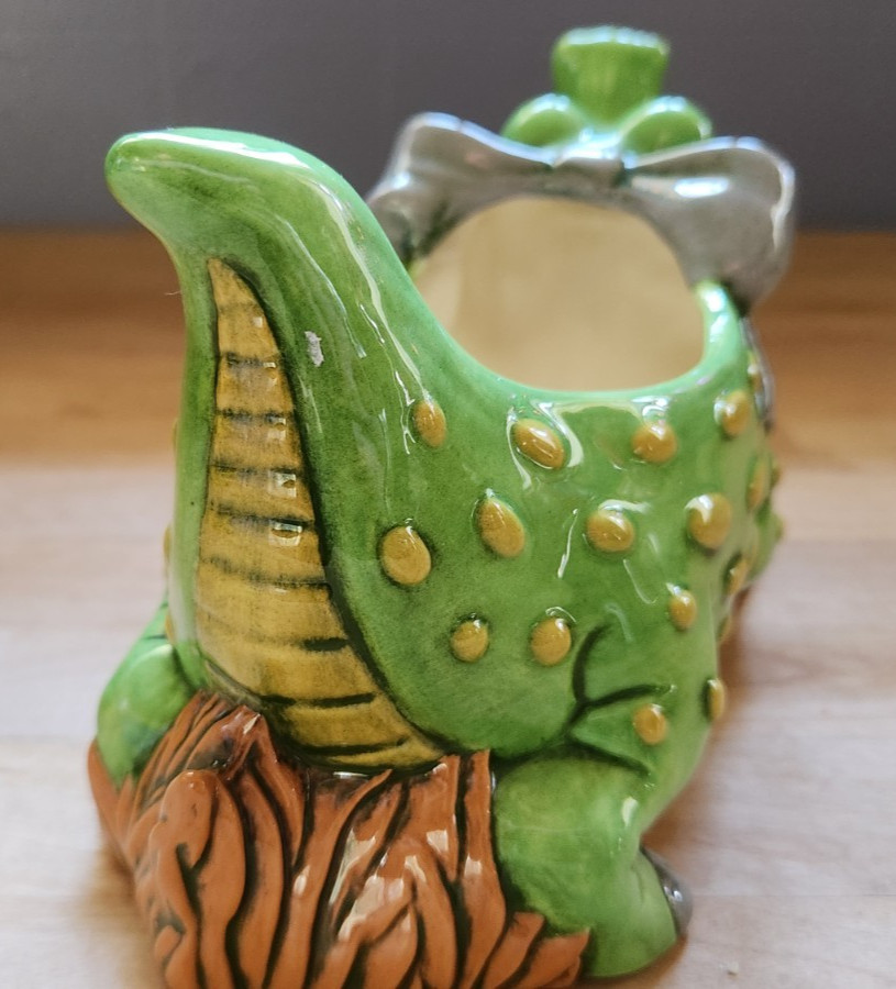 Vintage Hand Painted Cute Alligator with Bow Art Pottery Planter Green