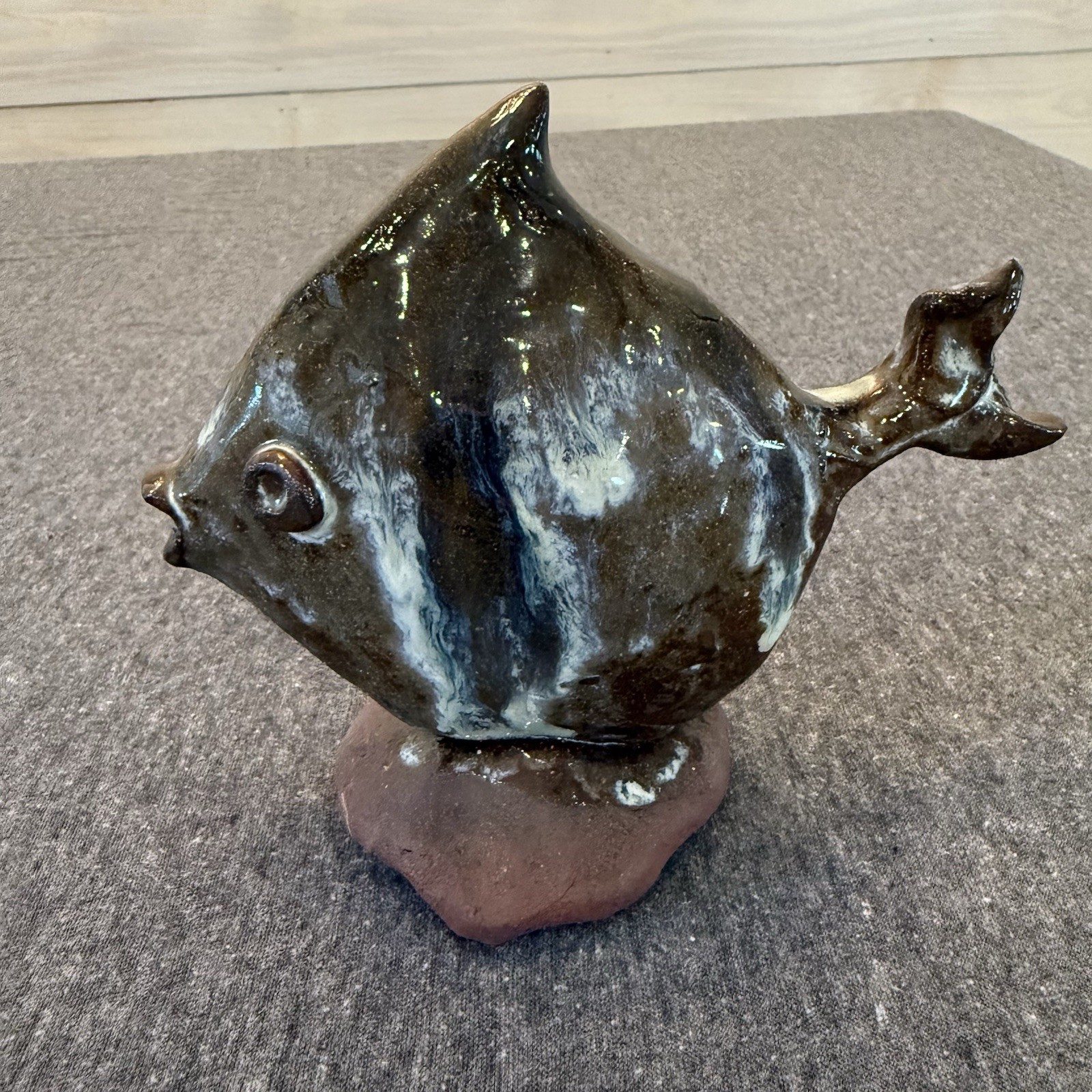 Vintage Hand Thrown Stoneware Art Pottery Decorative Fish Statue Signed 1993