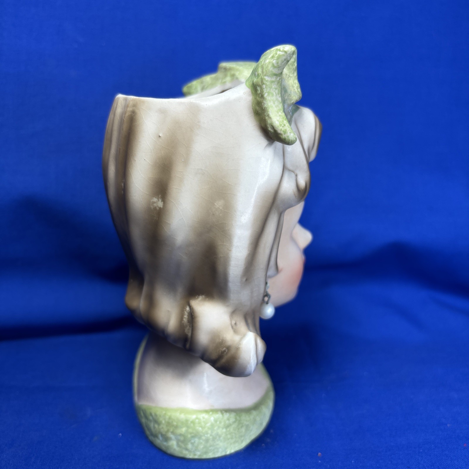 1950 Vintage Relpo K1696 Lady Head Vase Green Bow Pearl Earrings