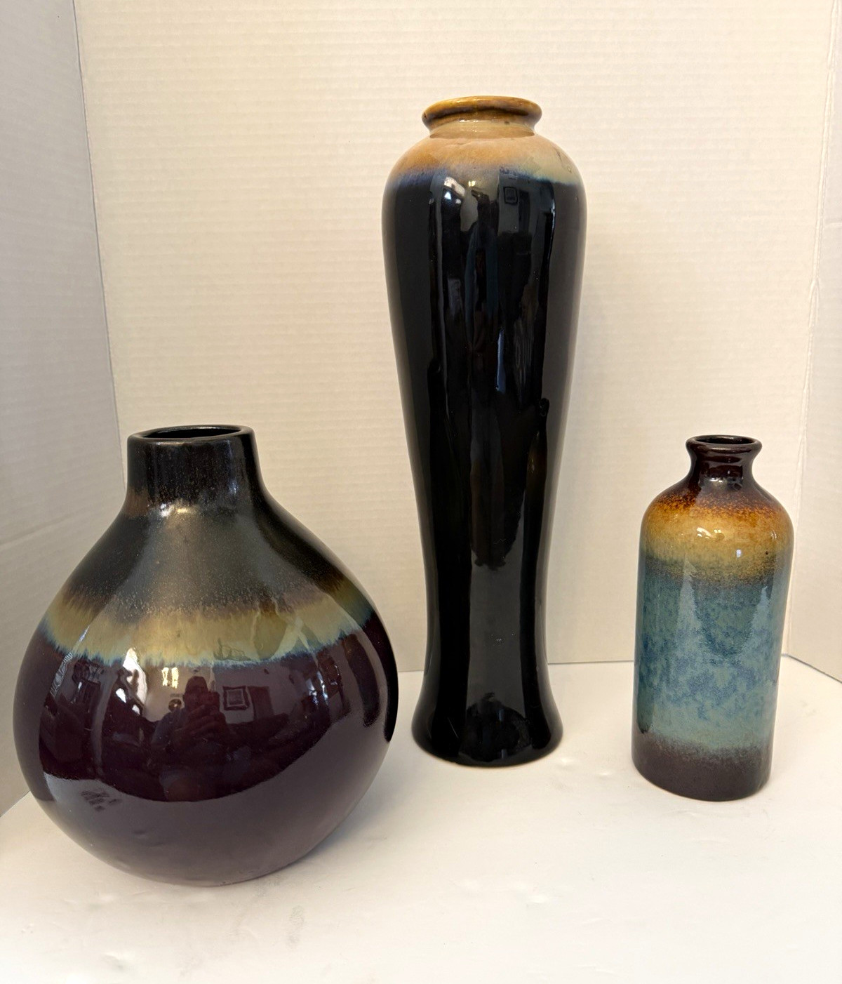 Set of 3 Abstract Drip Glaze Ceramic Art Pottery Vases Glossy Multicolor