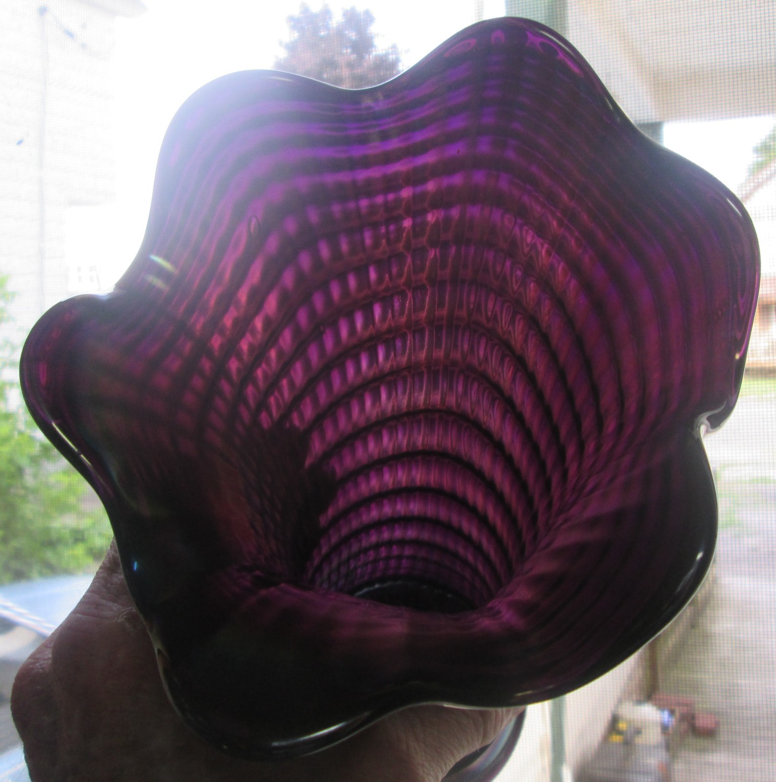 Vintage Imperial Carnival Glass Ripple Vase-Amethyst-8 1/4in.-3 3/8in. Base-EXC!