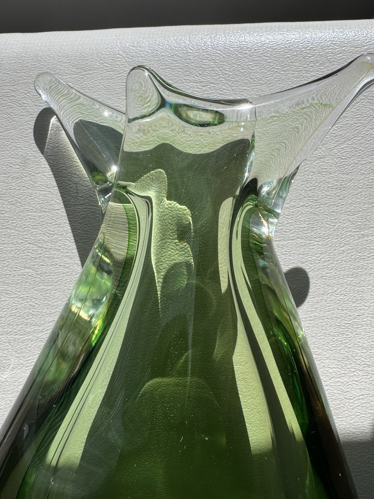 Vintage Murano Sommerso Art Glass Vase Green Amber Clear Split Rim Fishtail