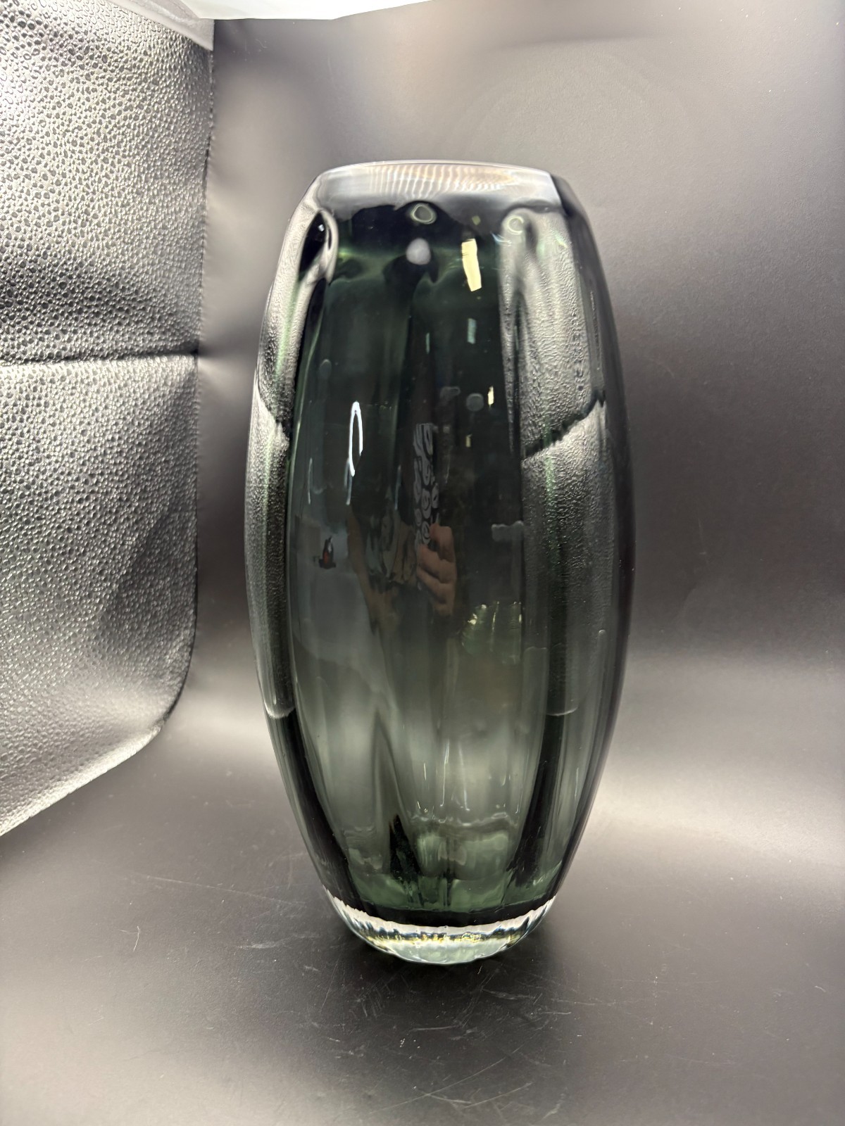 Torpedo Art Glass Vase Smoke Gray Green Optic Ribbed Polish Eastern European