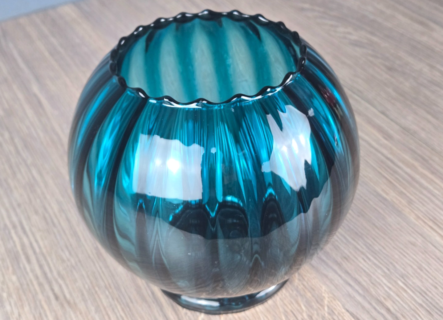 Empoli teal blue optic glass 6″ rose bowl/vase, Italian mid century Nice!
