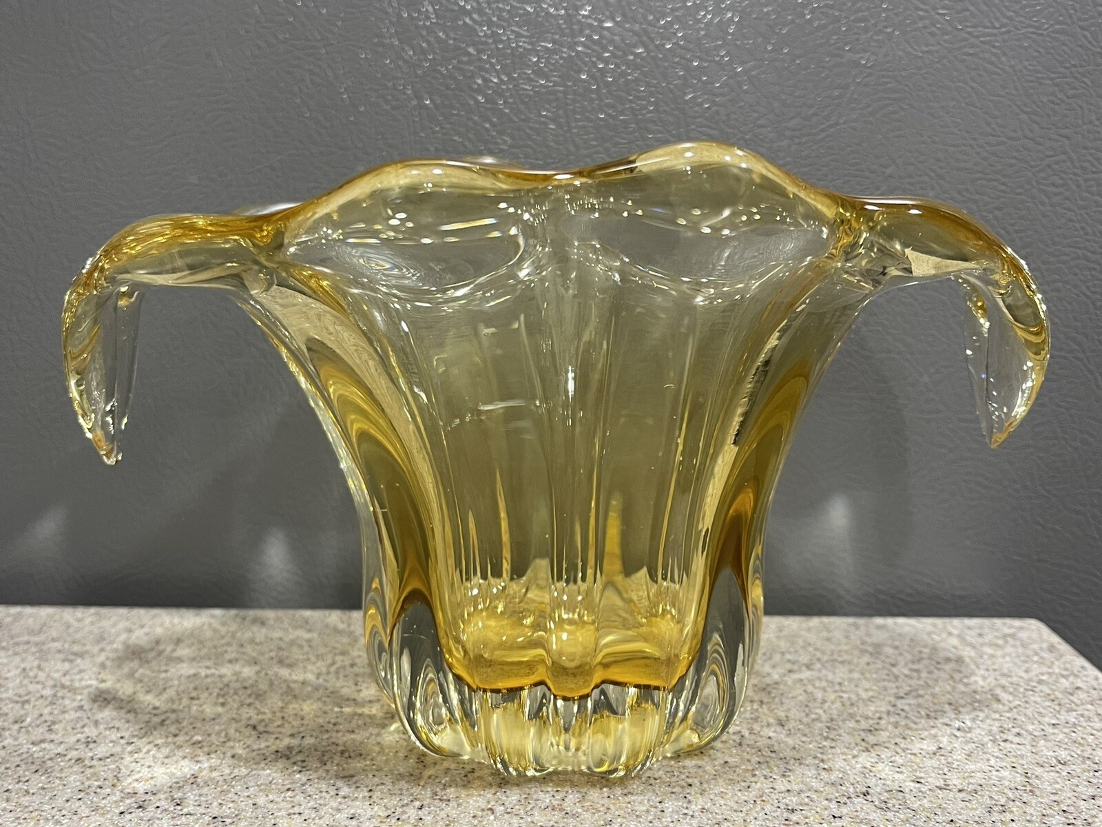Vintage Amber Hand Blown Art Glass Vase Flower Scalloped Top Handles EUC