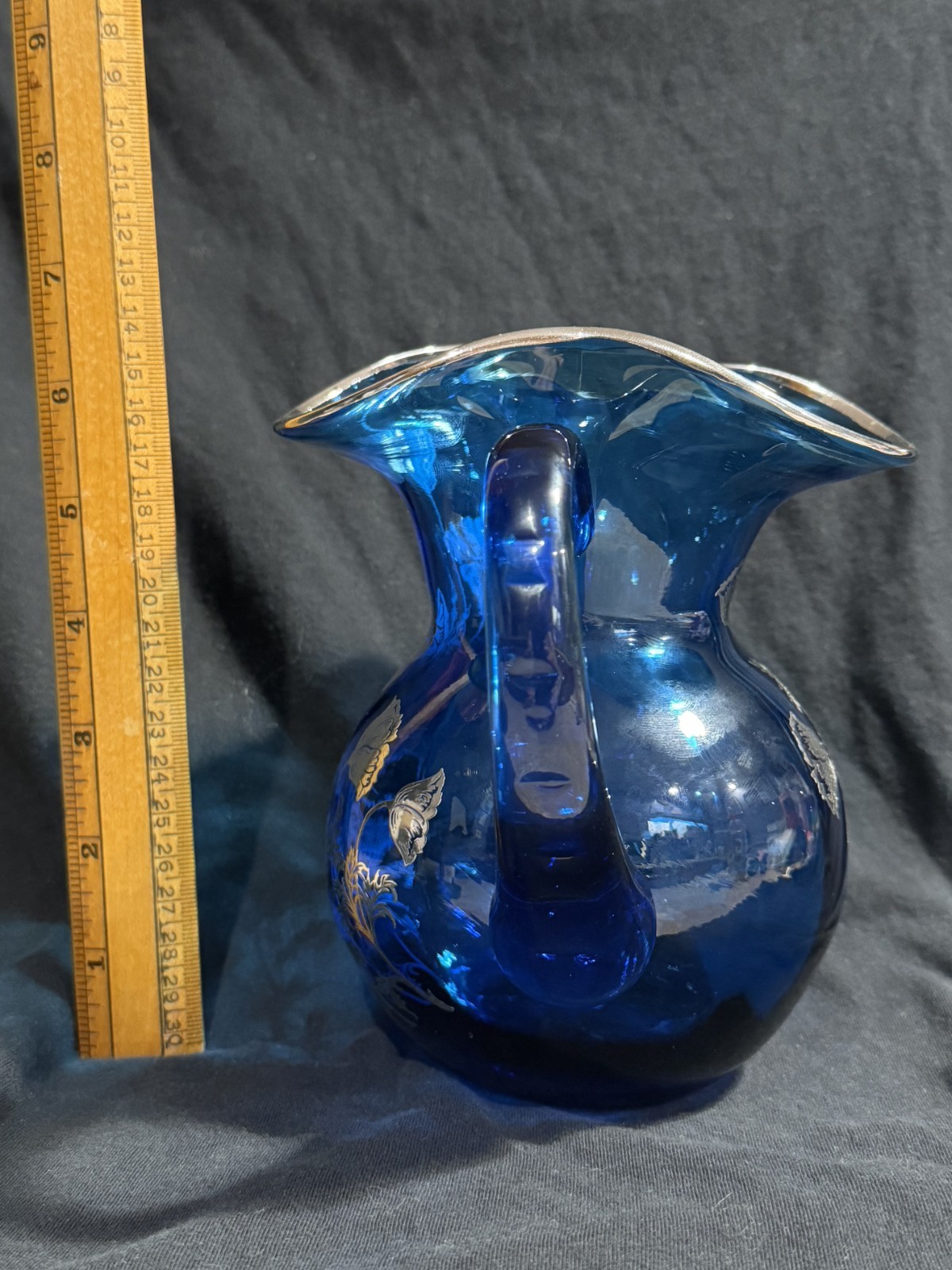 Antique Cobalt Blue Art Glass Pitcher Silver Overlay Floral Decoration Pontil