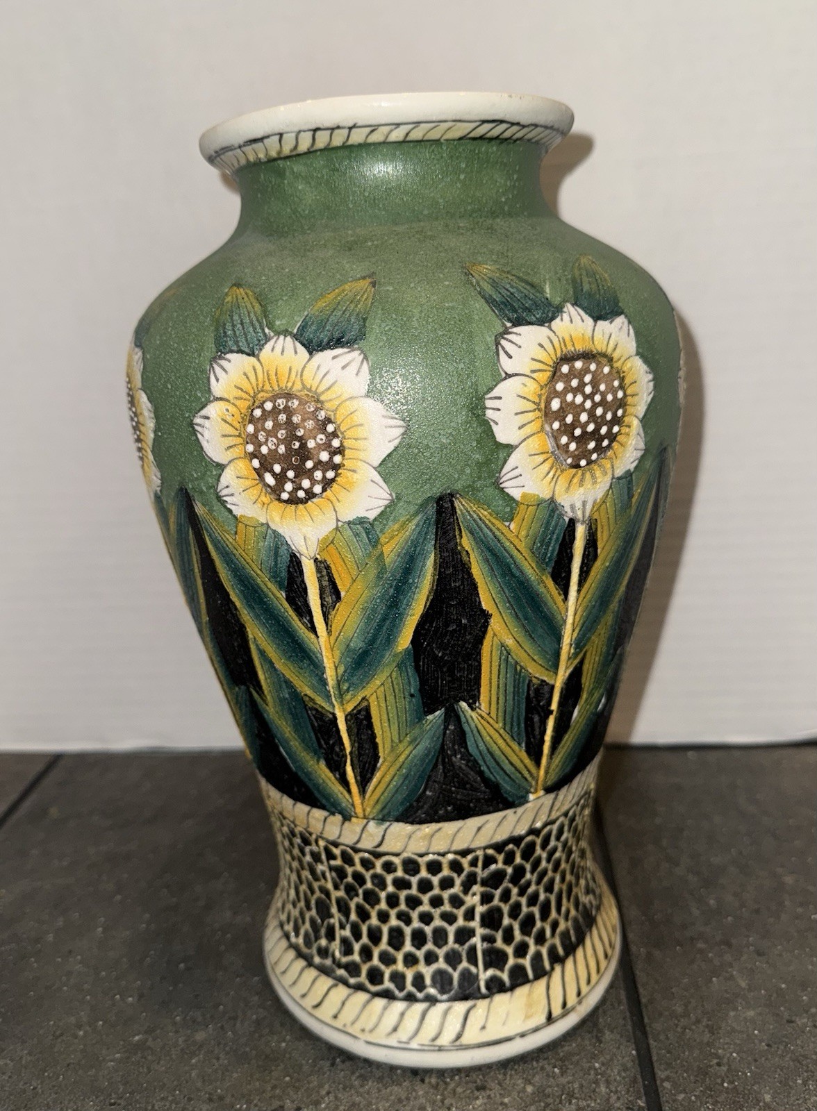 Vintage Sunflower Pottery Urn Style Textured Vase