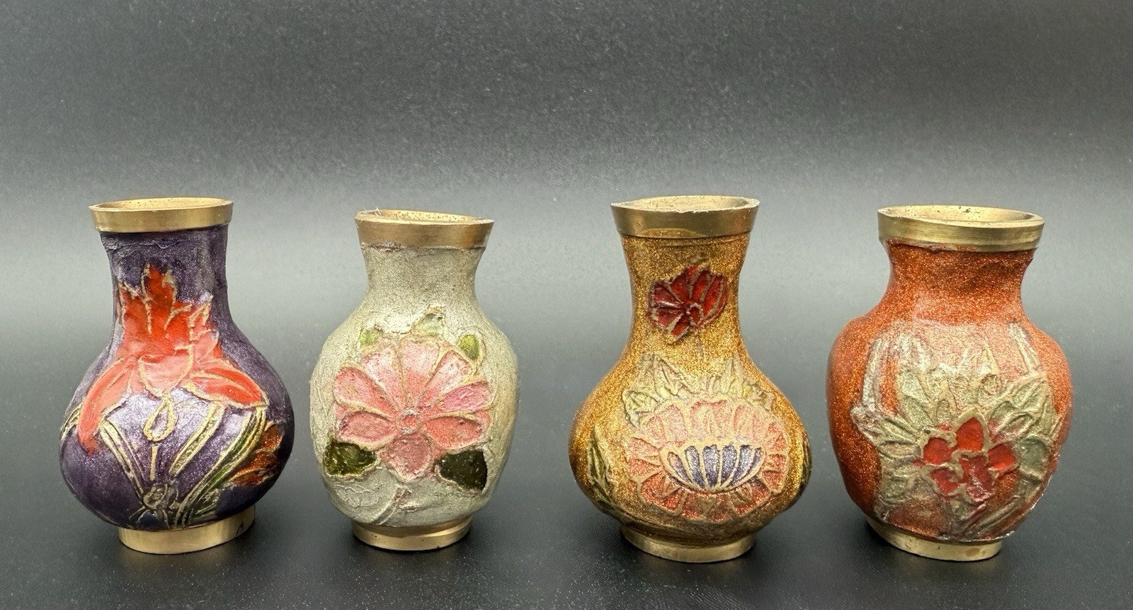 Vintage Set Of 4 Enamel Brass Flower Mini 2” Vases Urns Cloisonné Style India