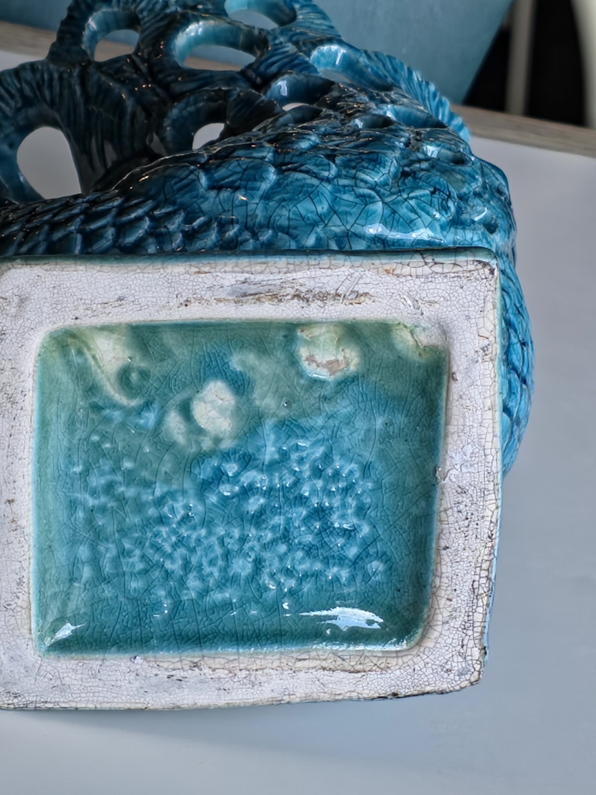 Vintage Blue Crackle Glaze porcelain peacock Figurine Vase 12″