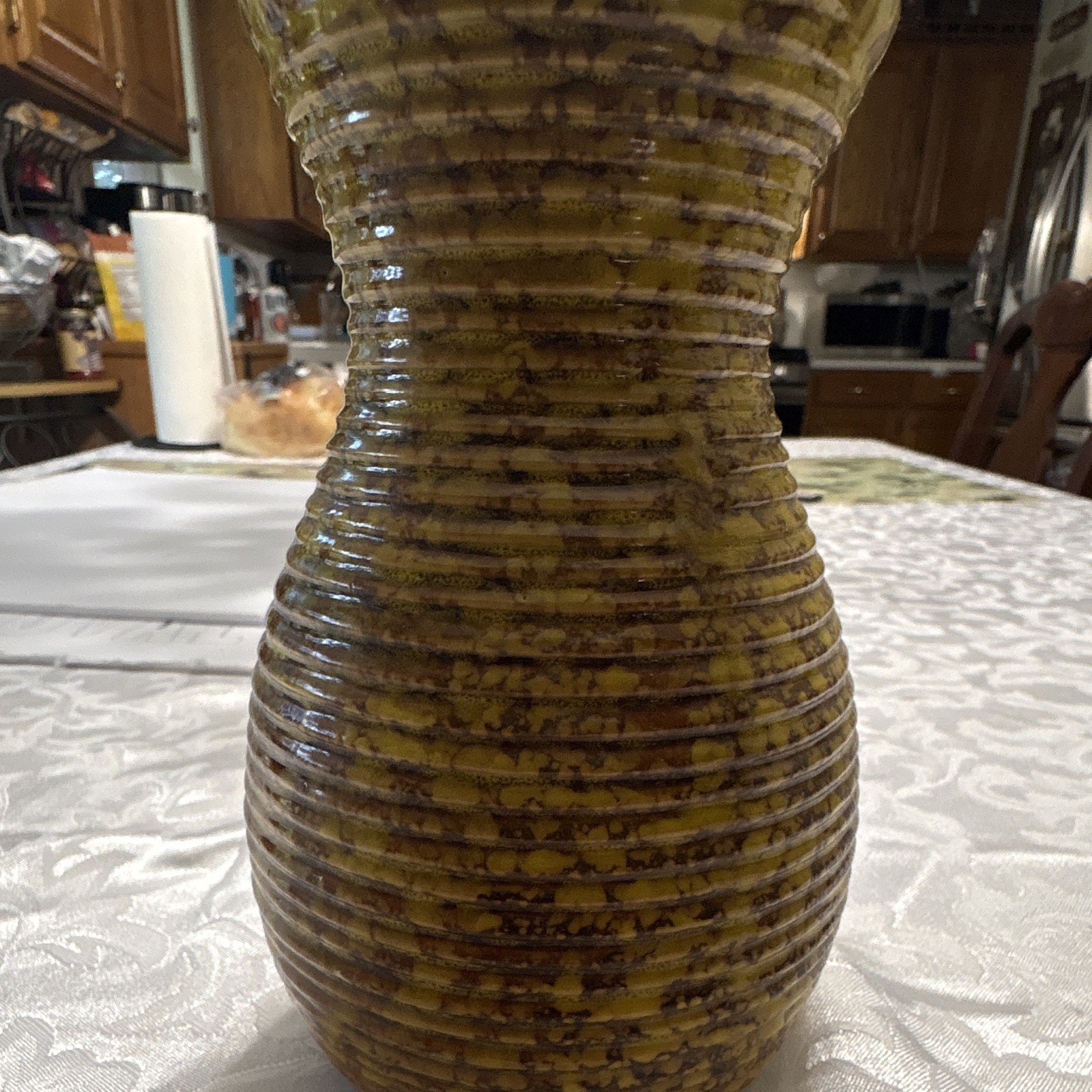 Yellow Brown Speckled Ribbed Textured Ceramic Vase, Glossy Finish