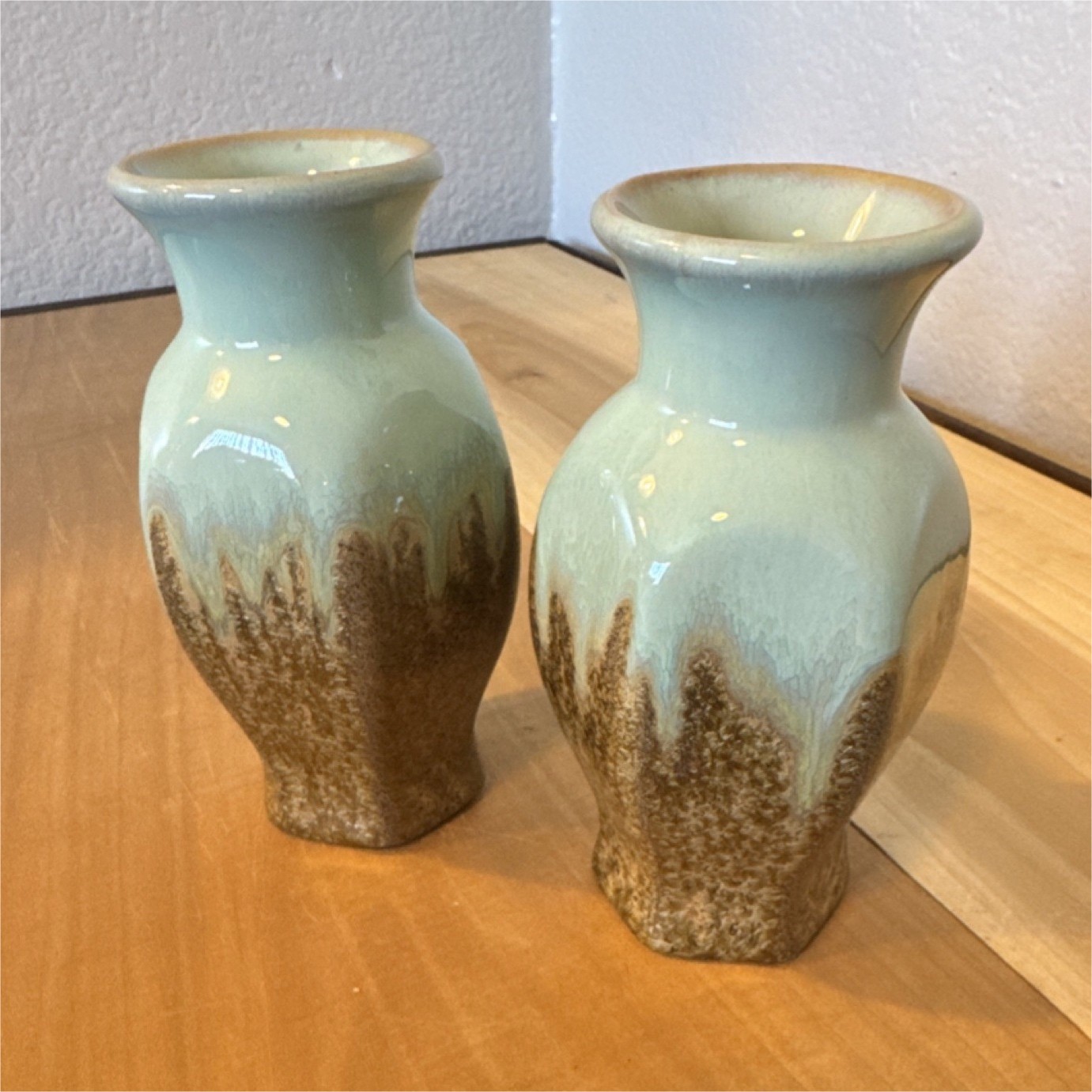 Pair Ceramic Drip Glaze Bud Vases Turquoise Light Blue Brown Art Pottery Glossy