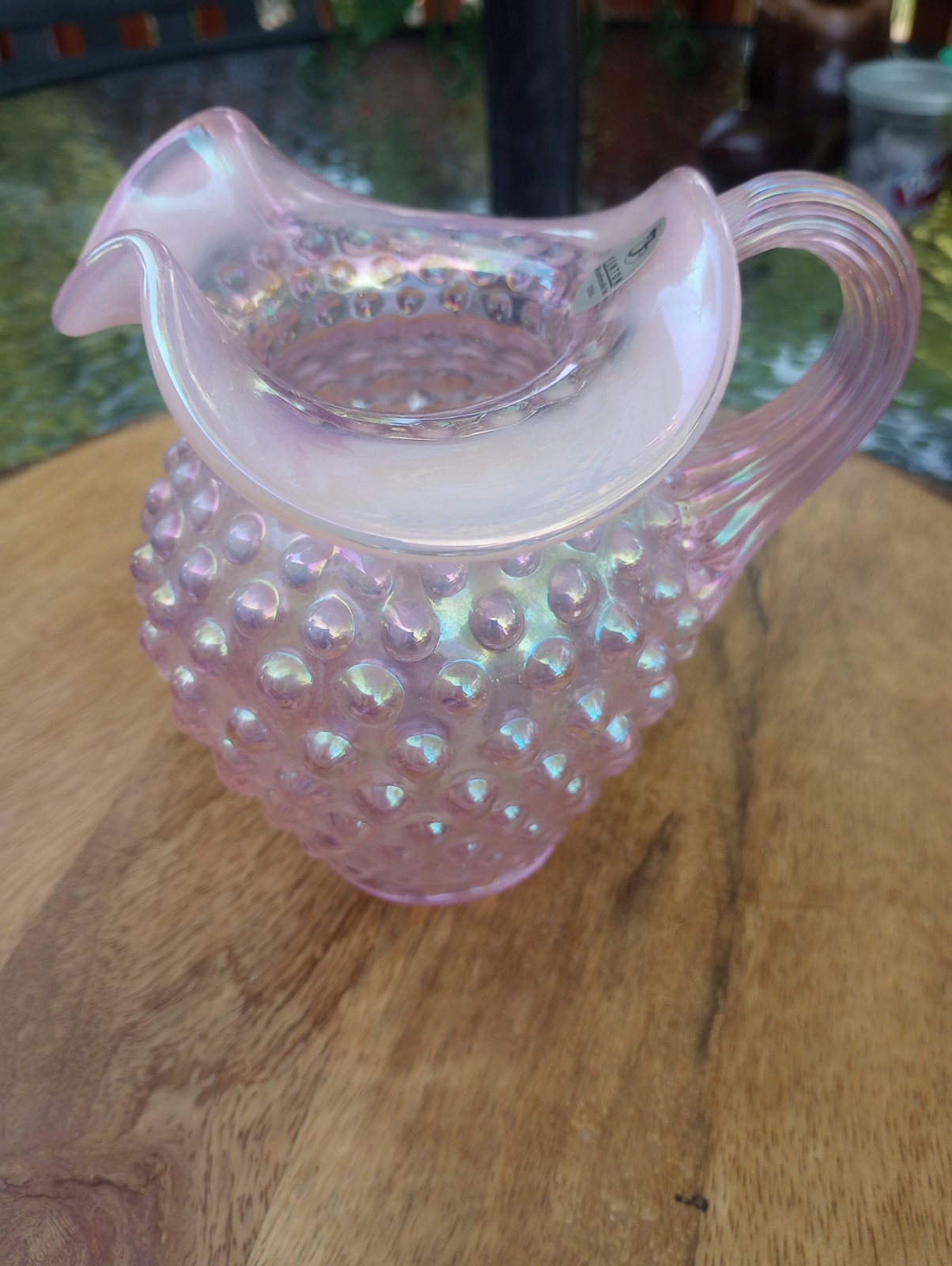 Fenton Pitcher Vase Hobnail Champagne Pink Iridescent 5.75” Tall