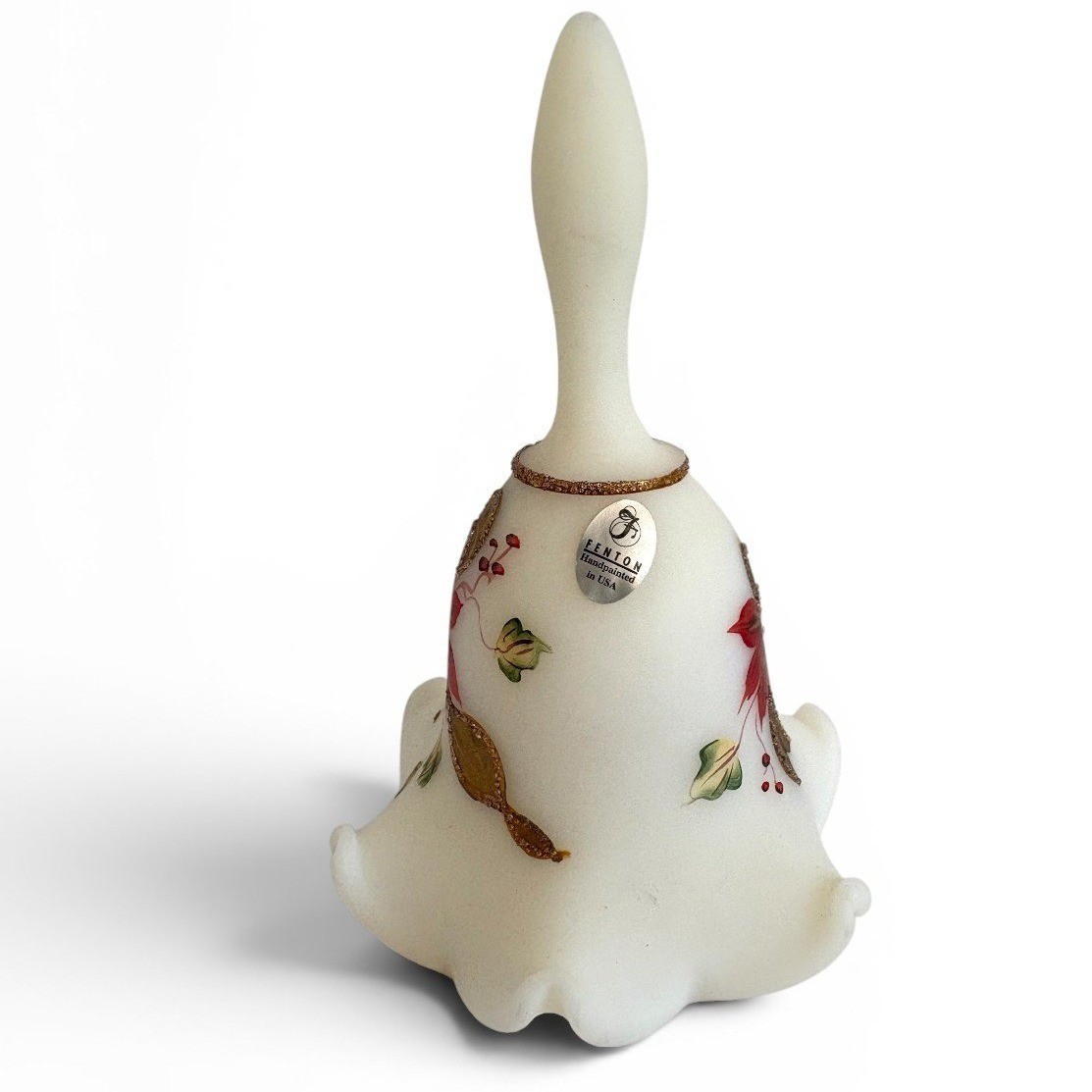 Fenton Hand Painted Satin Glass Christmas Poinsettia Bell Signed G Smith 6.75″