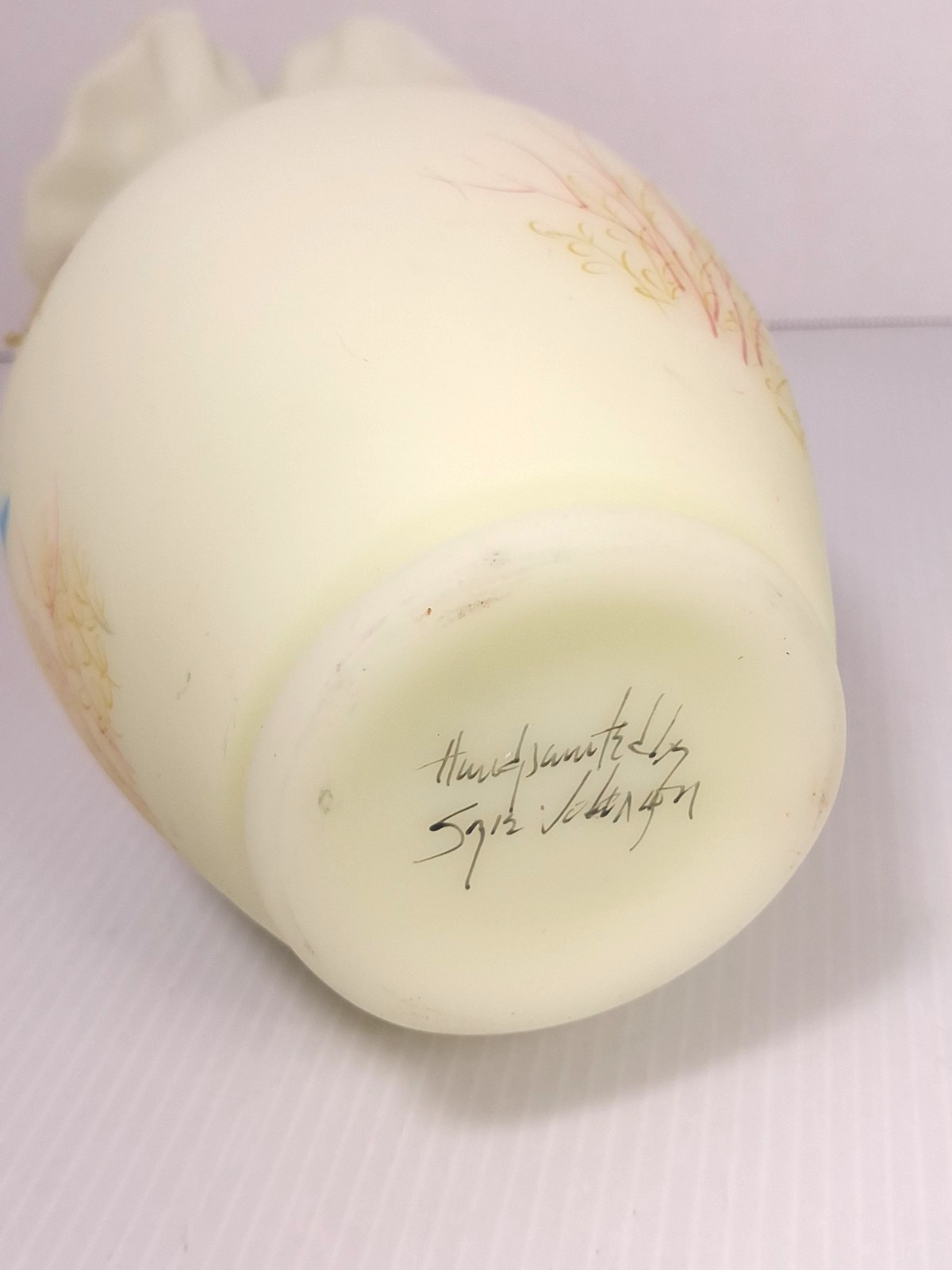 RARE Fenton Custard Uranium Glass Blue Birds Vase Hand Painted w/ Sticker