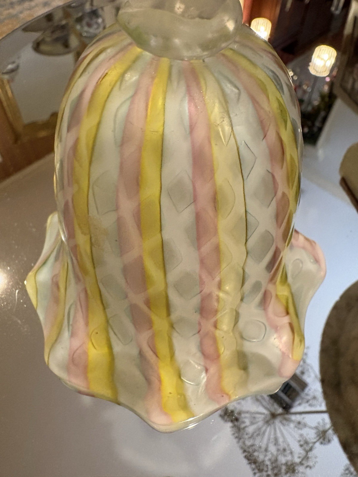 Vintage Hand Blown Italian Art Glass Bell Opaline Latticino Pink Yellow Ruffled