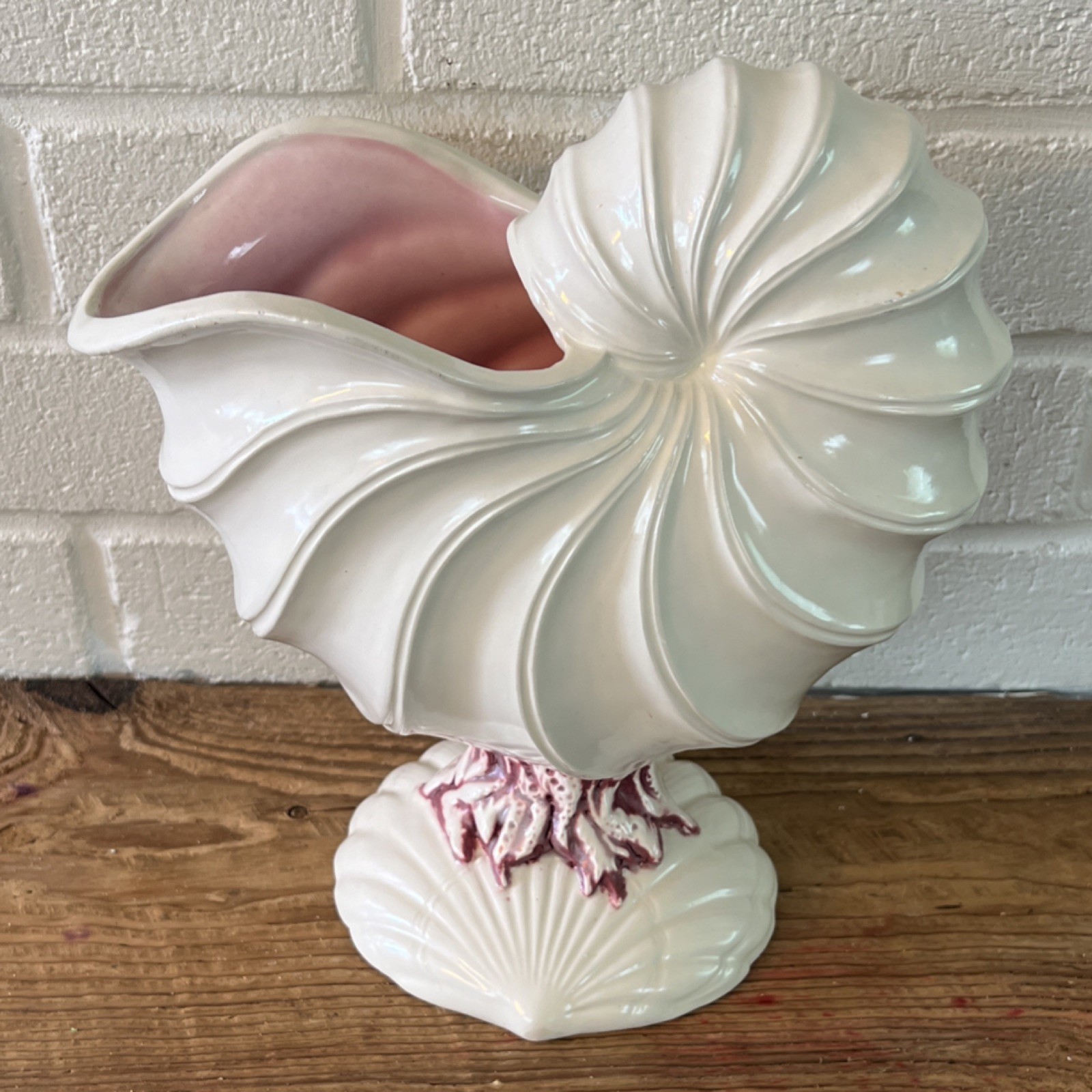 Vintage Ceramic Decorative Vase Conch Shell Shaped White Pink Glossy