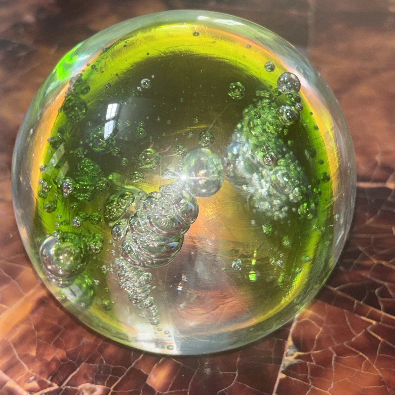 Vintage Cosmic Waters / Ocean Motif. Green Sphere Art Glass Paperweight