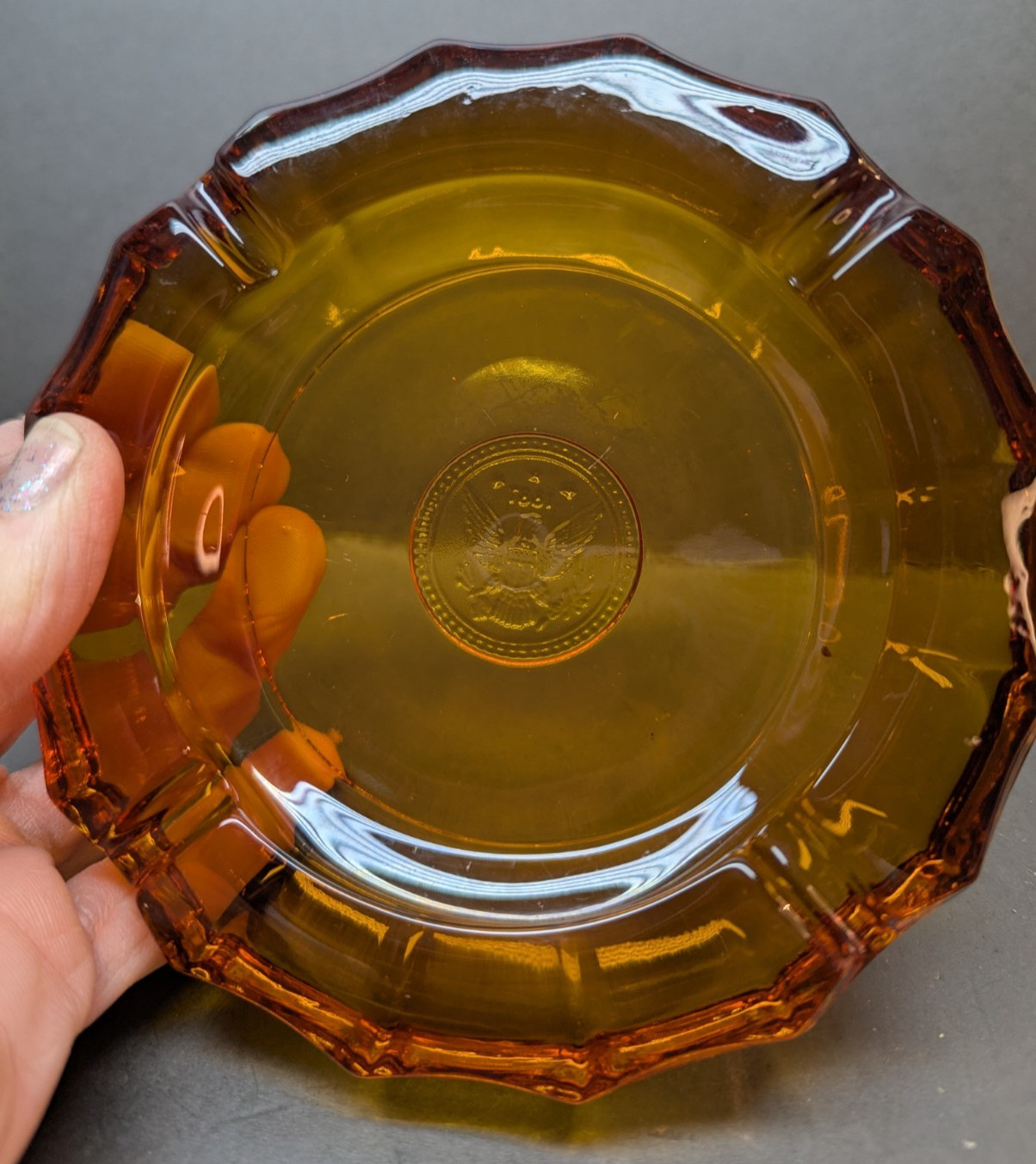 Cigar Ashtray Fostoria 5 Inch Amber Glass 1950s Thick 1887 American Emblem