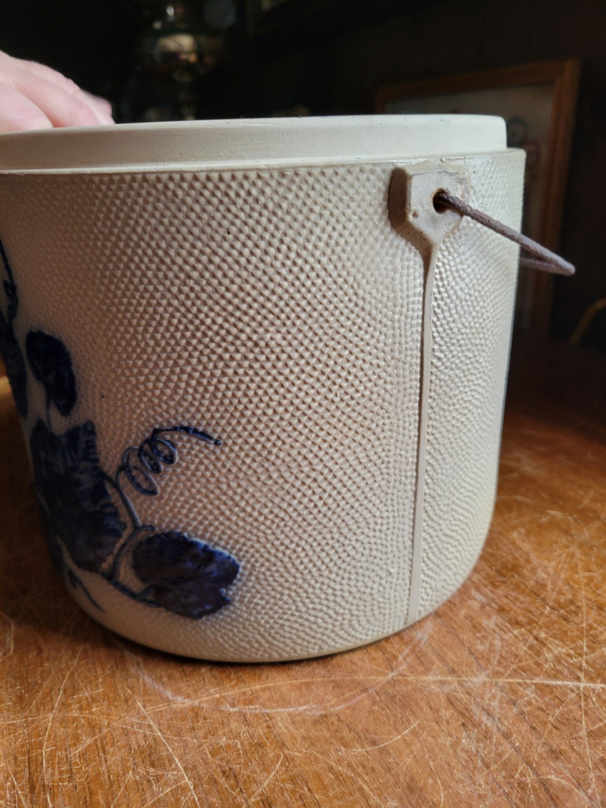 Blue Ivy Salt Crock w Lid Bumpy Surface Pottery