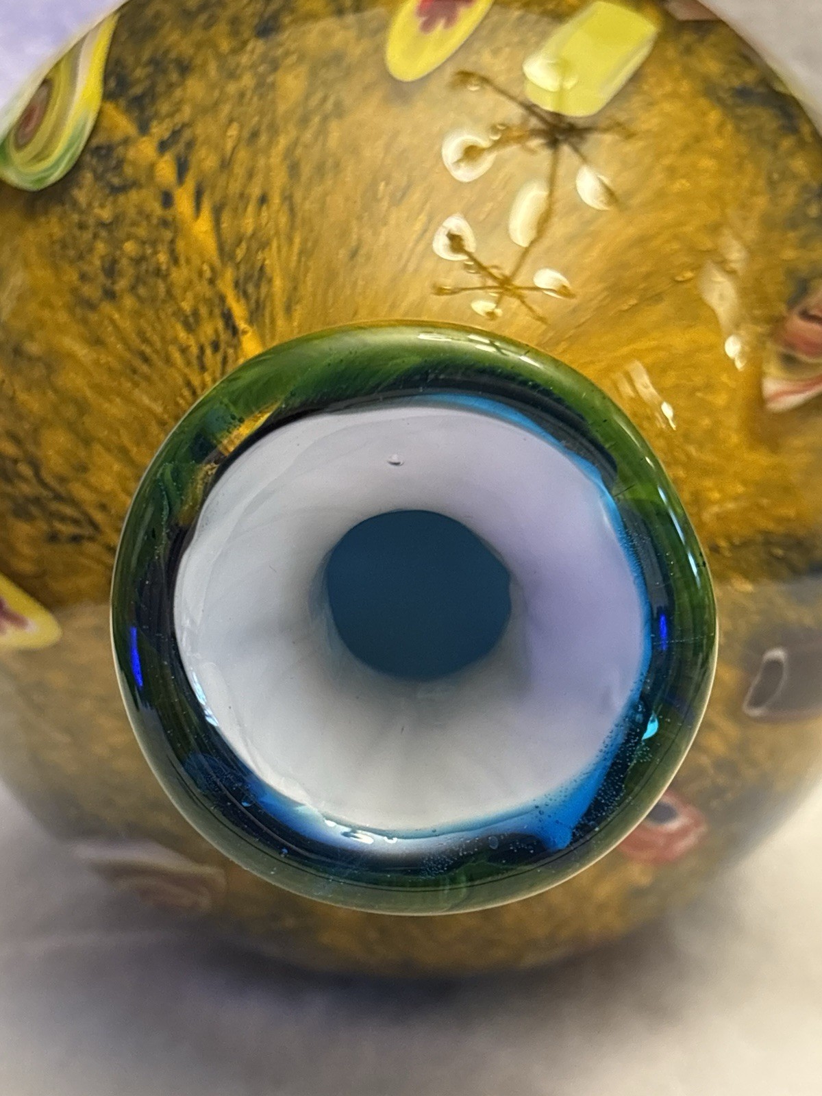 Vintage Murano Style Blown Art Glass Vase Colorful Peacock Feather Motif