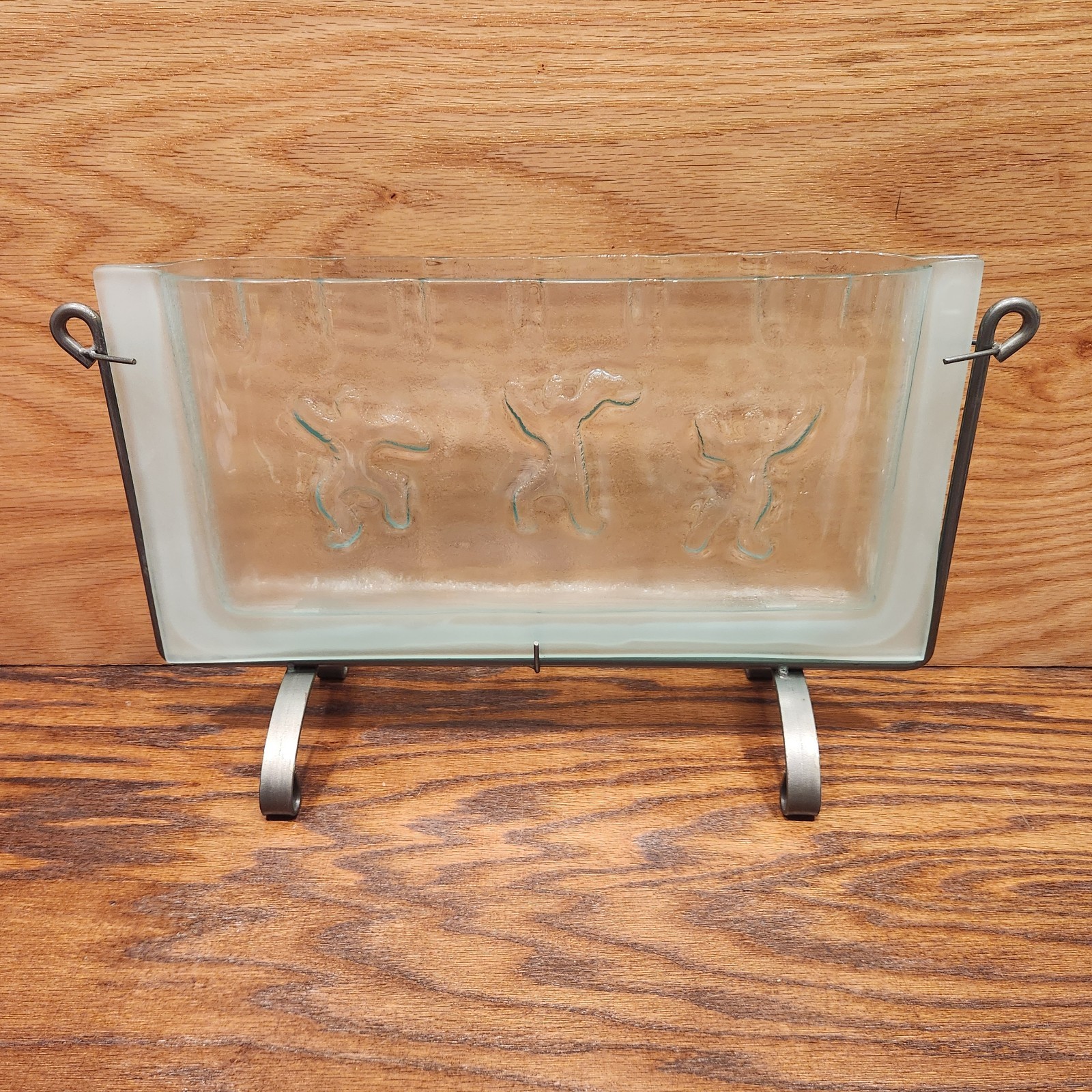 Mark Hines? Slumped Glass Flat Vase Metal Stand Art Decor People Dancing