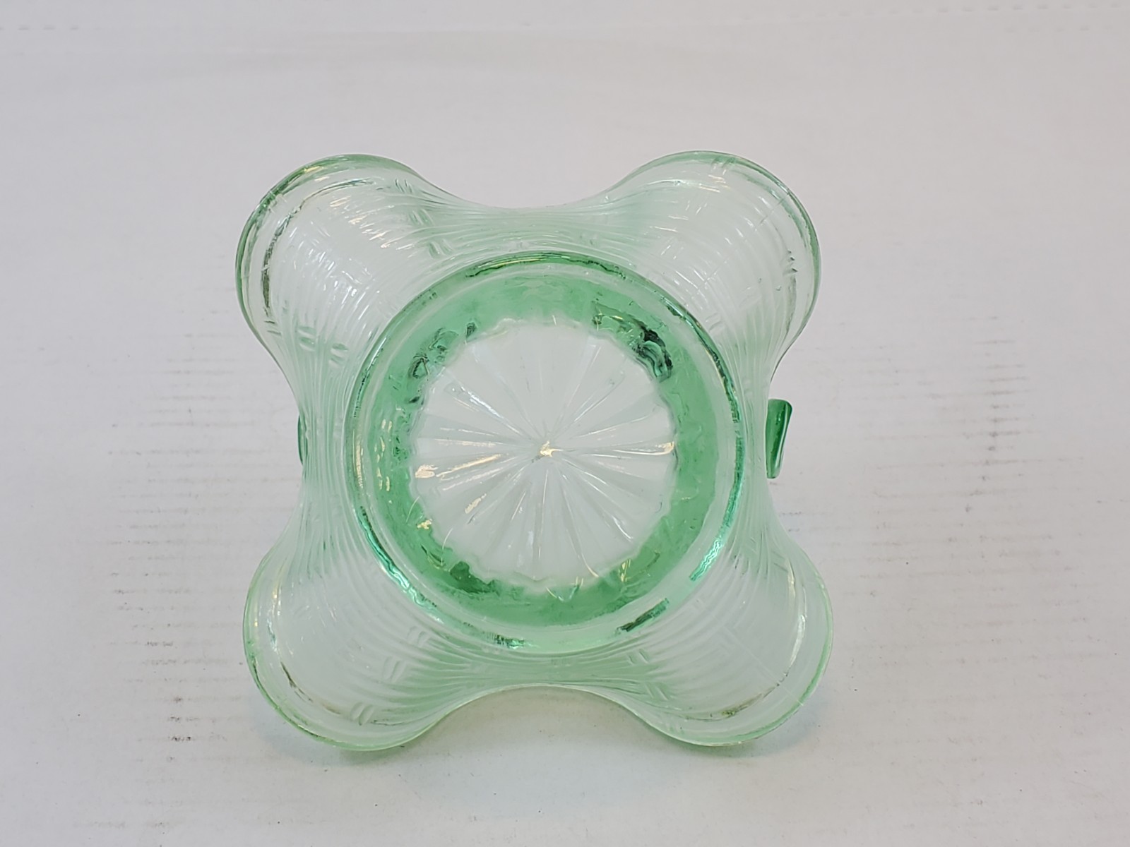 Vintage Small Green Depression Glass Basket w/ Applied Handle Basket Weave Look