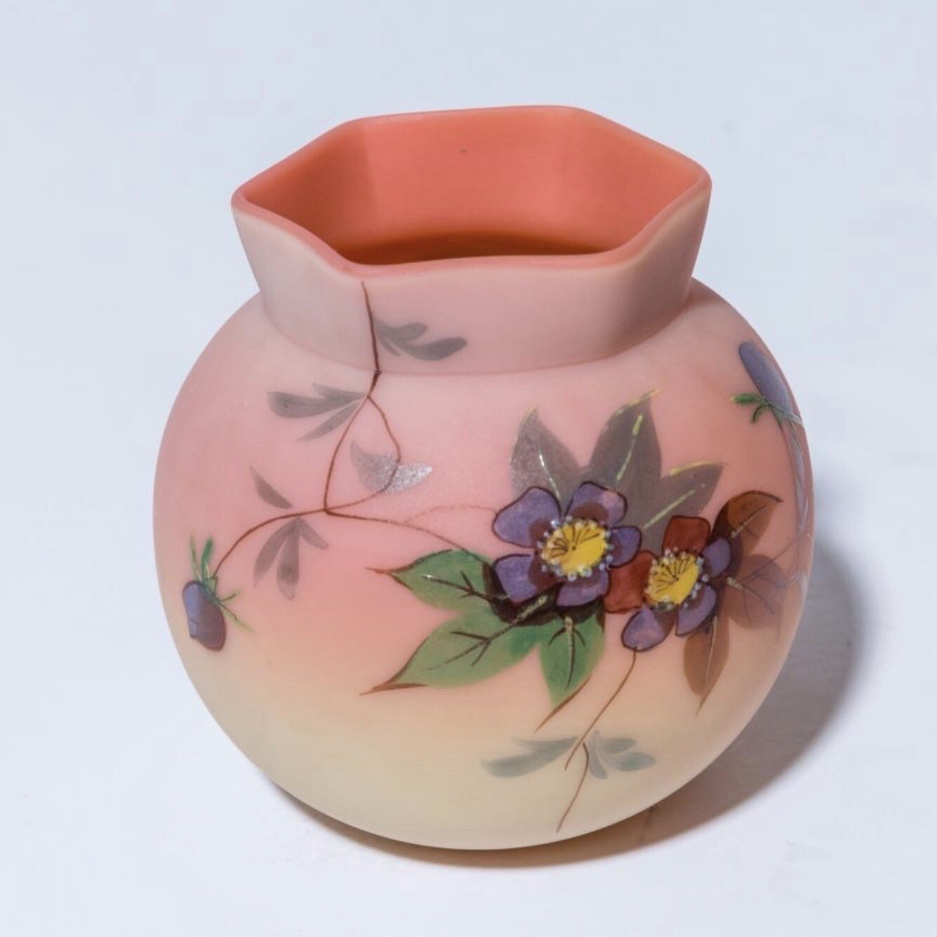 Thomas Webb & Sons Queens Burmese Miniature Vase Circa 1887, Mt. Washington
