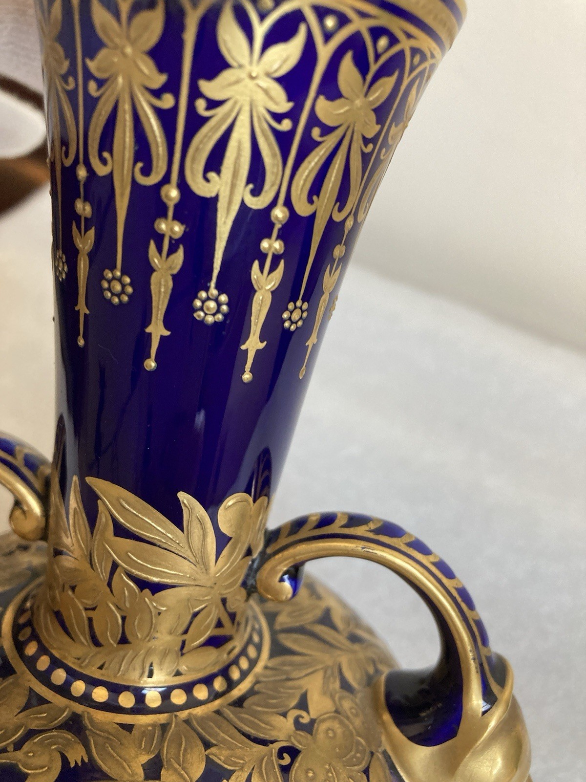 Antique Royal Crown Derby Cobalt Blue/Gold Double-Handle Bulbous Vase As Is
