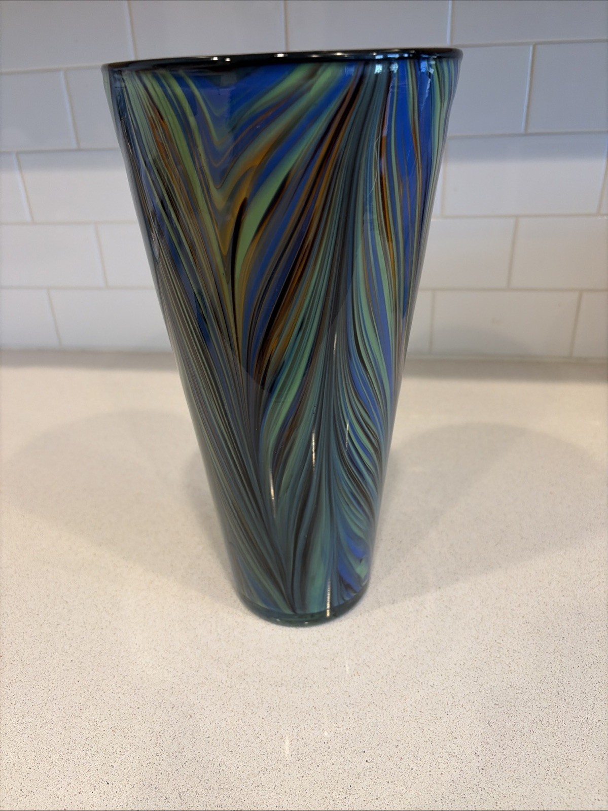 Beautiful 12” Multi Colored Murano Style Art Glass Peacock Trumpet Vase