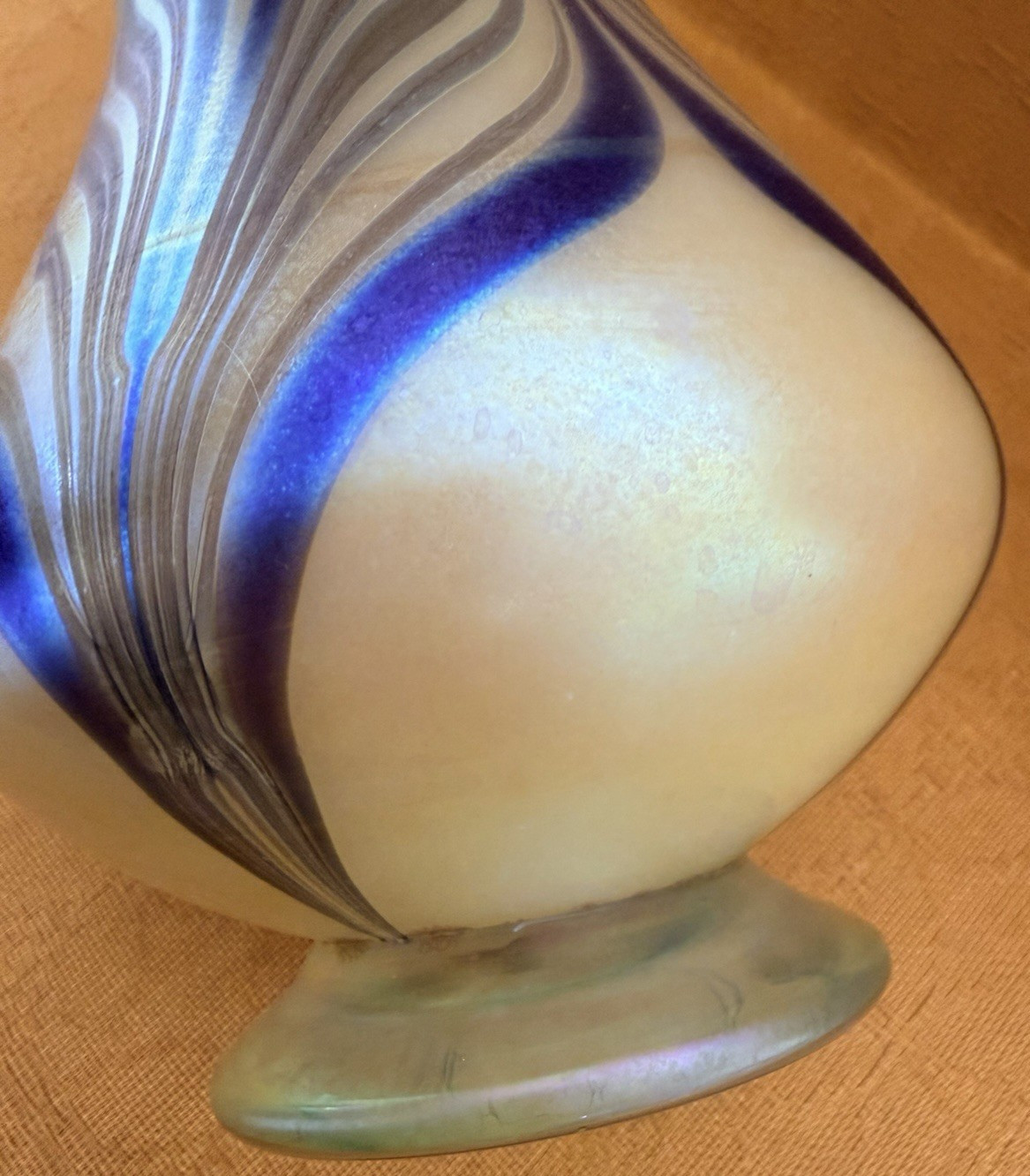 Vintage Hand Blown Yellow Blue Purple Pulled Feather Glass Vase Rough Pontil