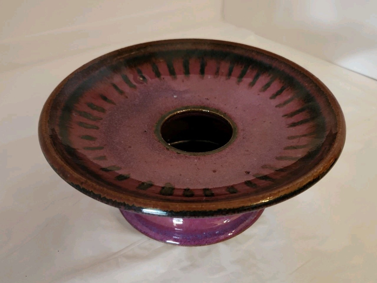 Ikebana 8.25″ Vase W Flower Frog Purples Maroon Blues Pottery Round Disc Signed