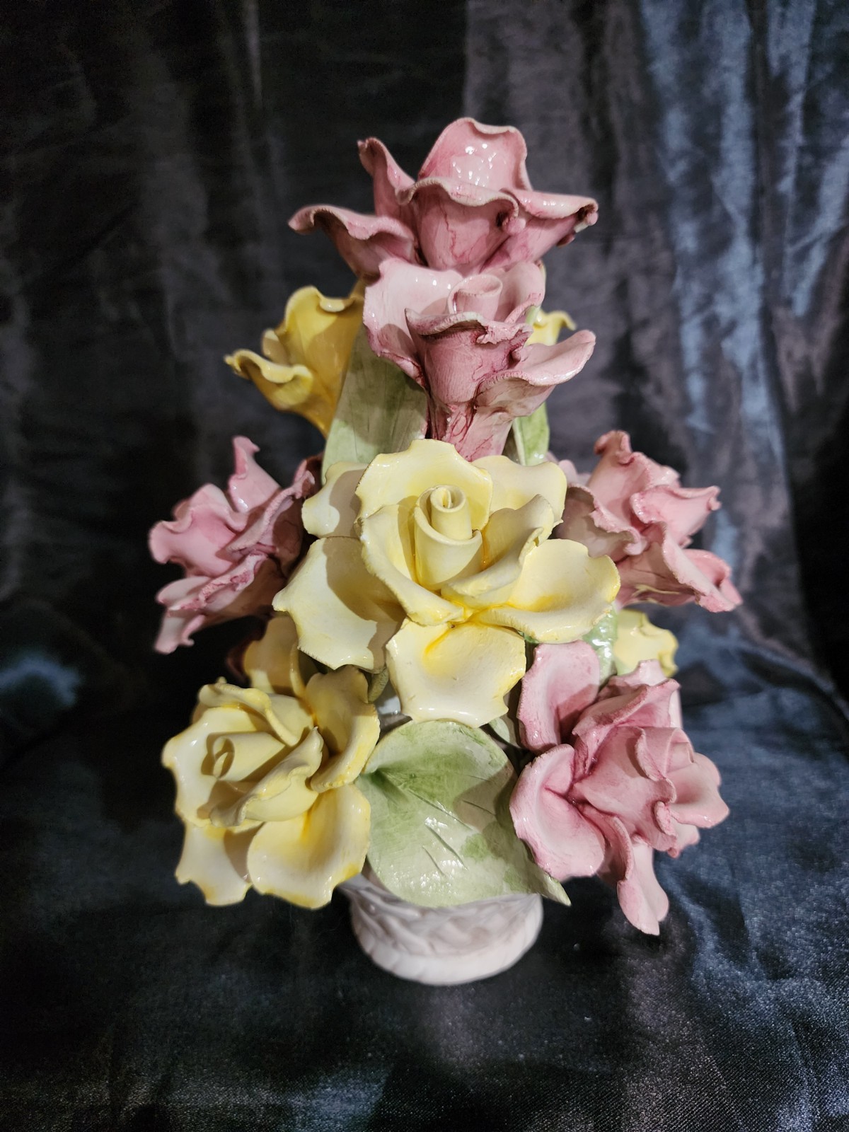 Vintage Italian Nuova Capodimonte Porcelain Flowers In Basket Weave Pot