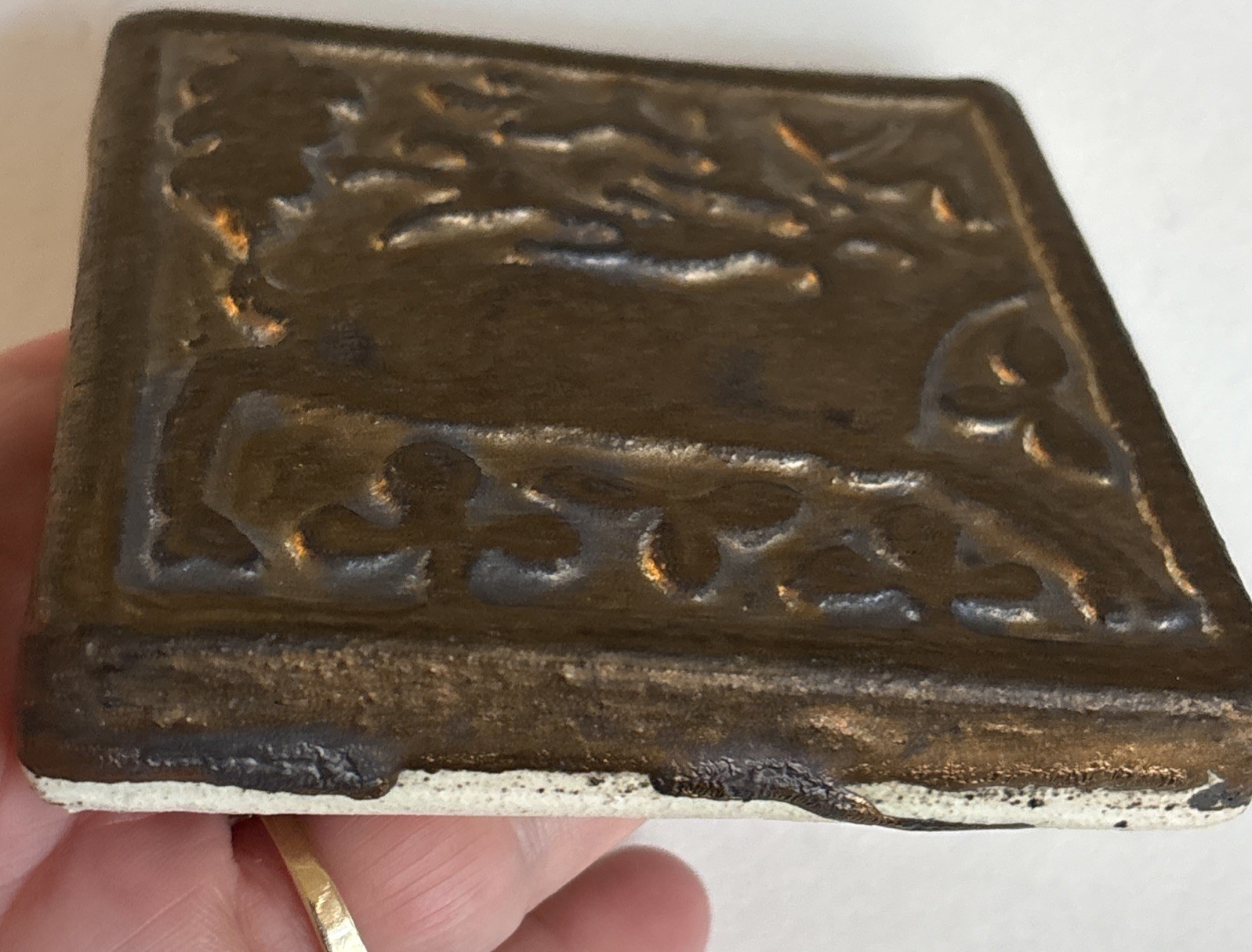 Pair-2 MOTAWI TILEWORKS Medieval Stag 4” x 4” Right Facing Copper/Bronze Tiles