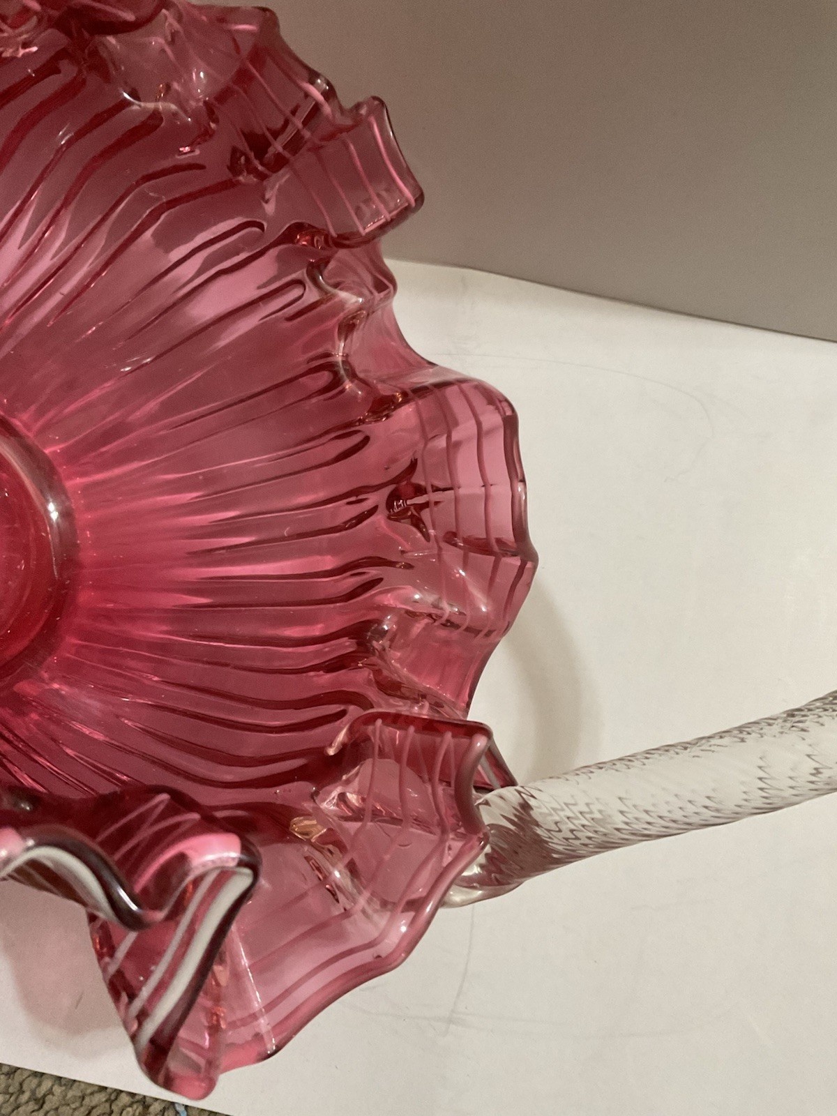 Fenton Cranberry Glass Overlay Ruffled Basket with Handle 1950 Ribbed Art Glass