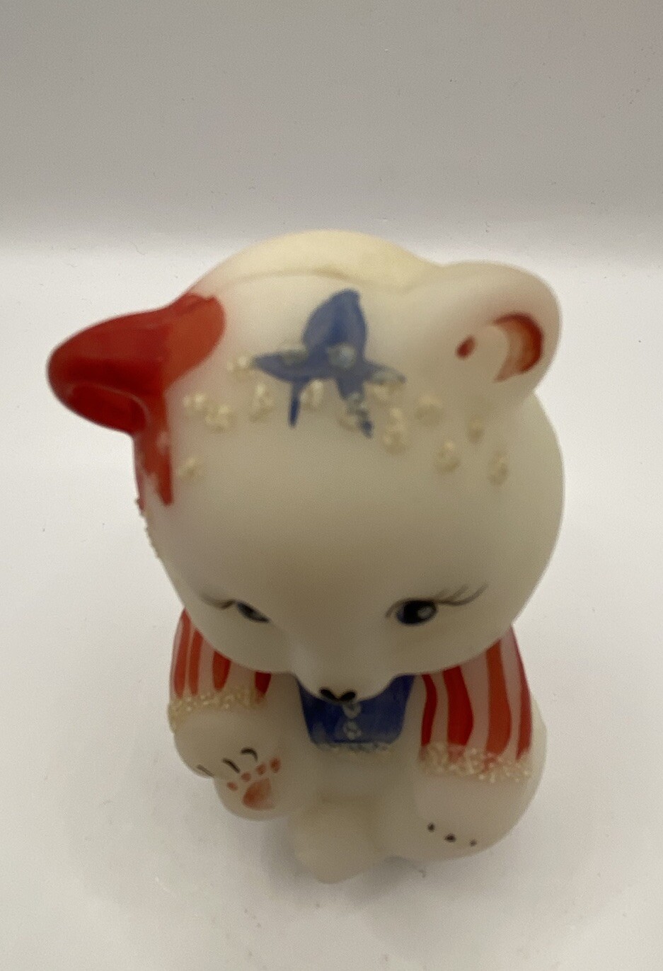 Fenton Patriotic Stars & Stripes White Satin Glass Bear Signed Hand-painted 2001